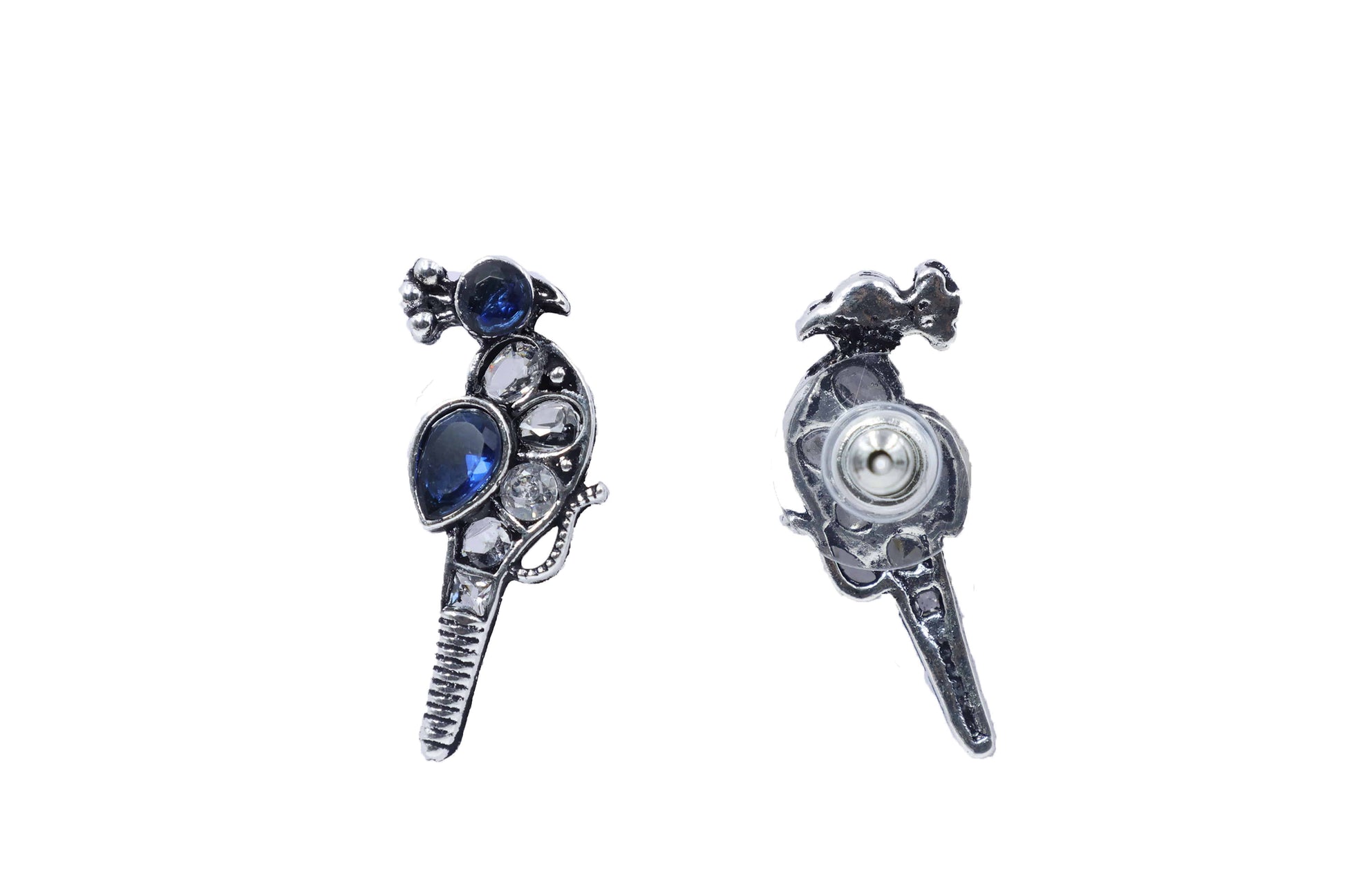 Oxidized Kundan Parrot Stud Earrings with Crystal Accents - Mywishtree