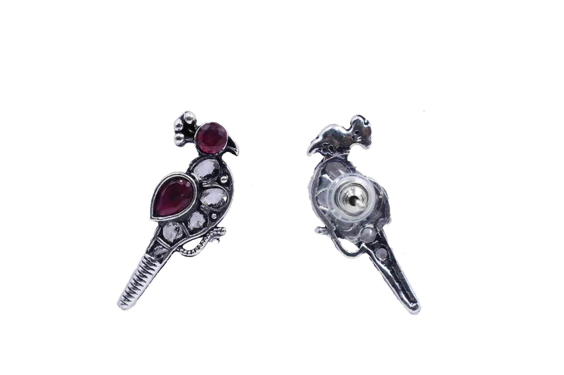 Oxidized Kundan Parrot Stud Earrings with Crystal Accents - Mywishtree