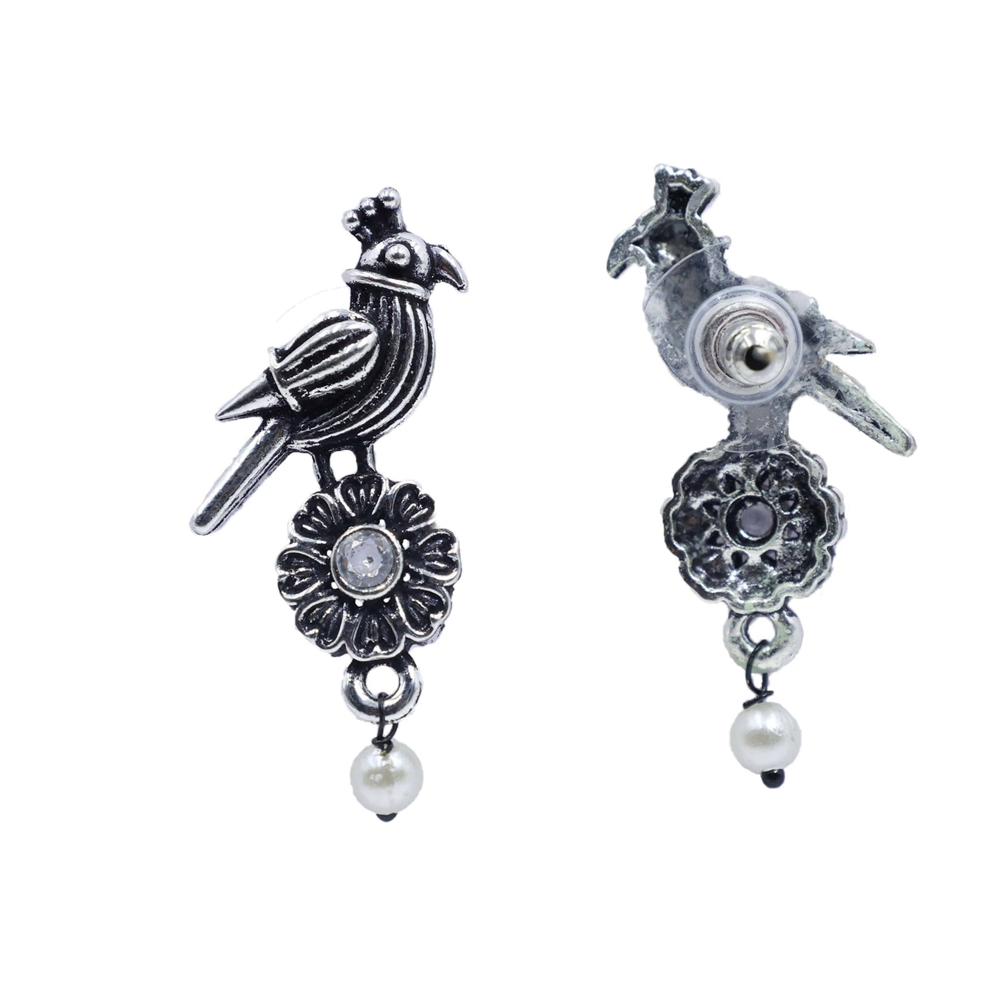 Antique Silver Oxidized Parrot-Design Pearl Drop Earrings - Mywishtree