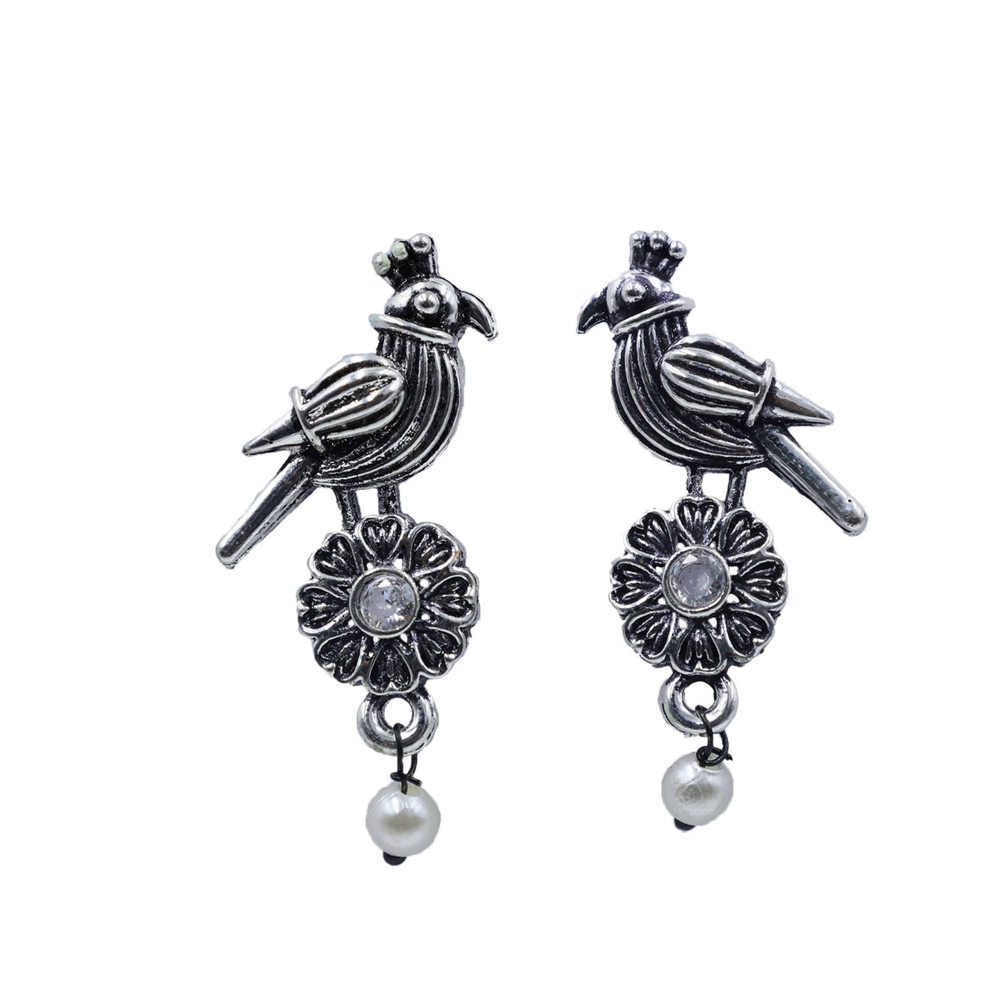 Antique Silver Oxidized Parrot-Design Pearl Drop Earrings - Mywishtree