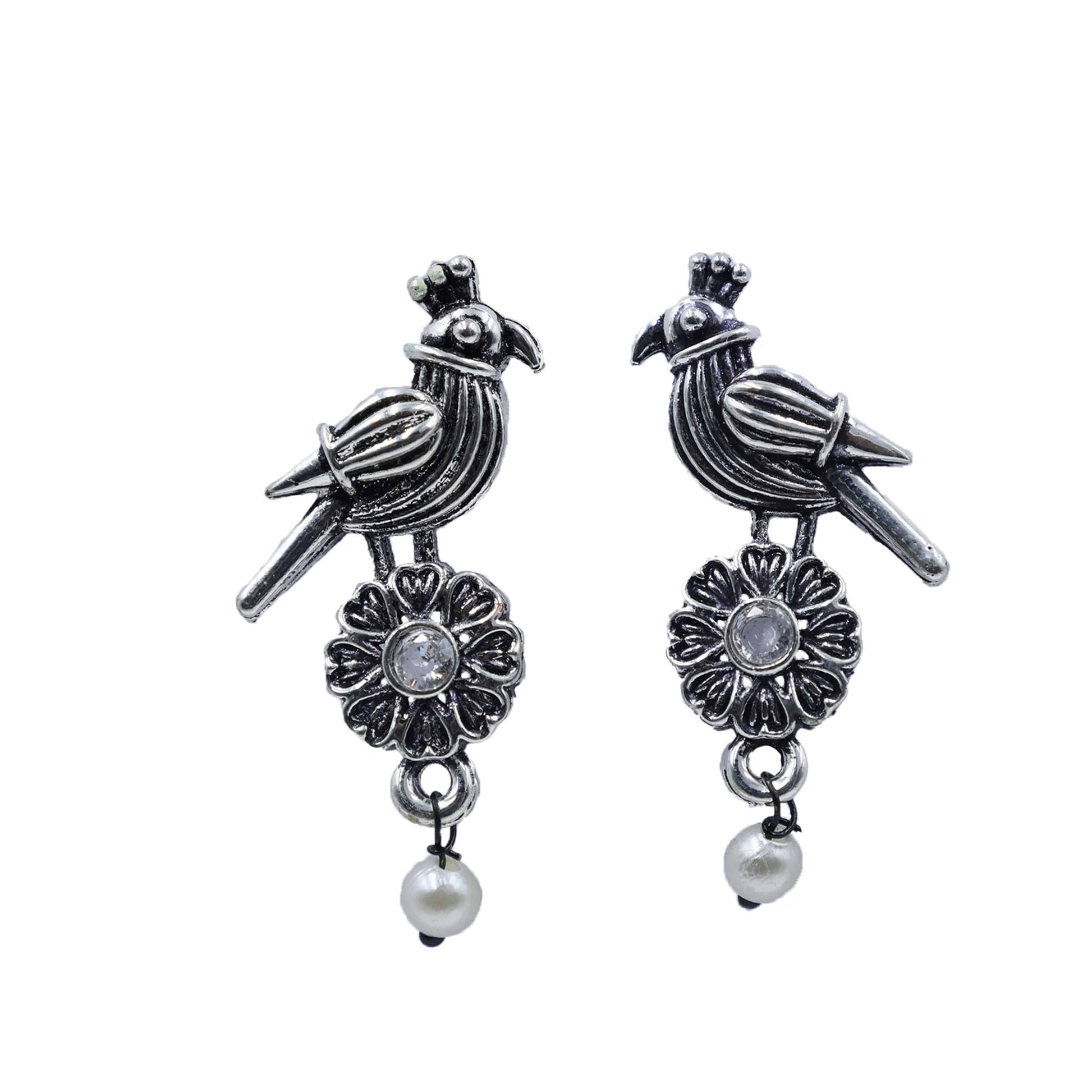 Antique Silver Oxidized Parrot-Design Pearl Drop Earrings - Mywishtree