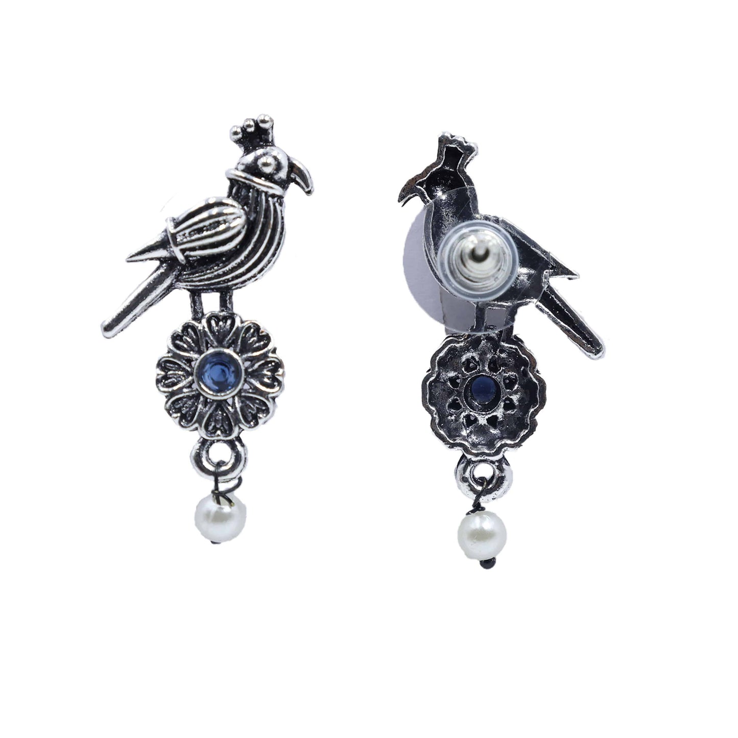 Antique Silver Oxidized Parrot-Design Pearl Drop Earrings - Mywishtree