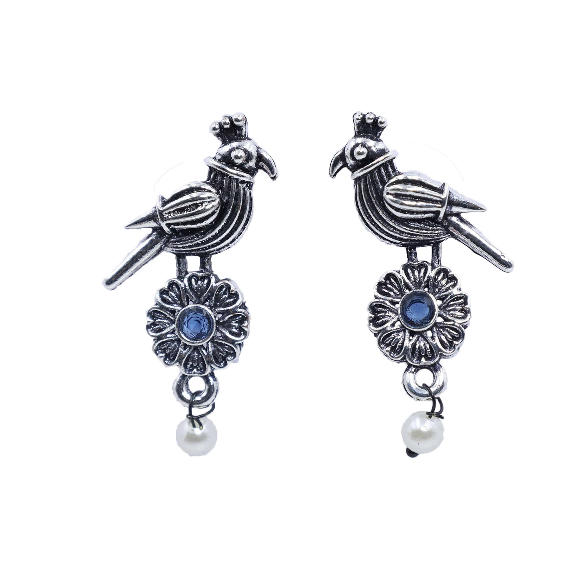 Antique Silver Oxidized Parrot-Design Pearl Drop Earrings - Mywishtree