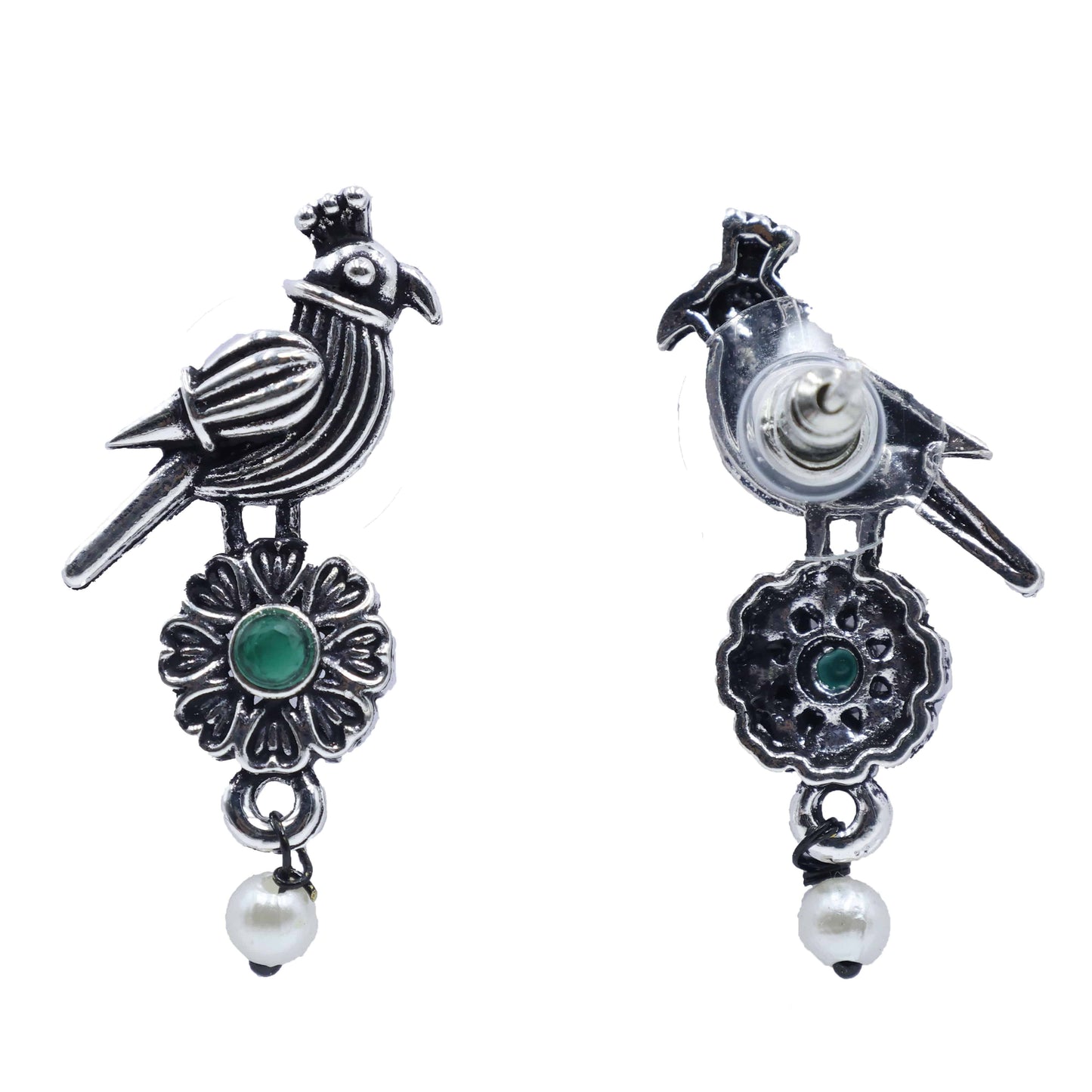 Antique Silver Oxidized Parrot-Design Pearl Drop Earrings - Mywishtree