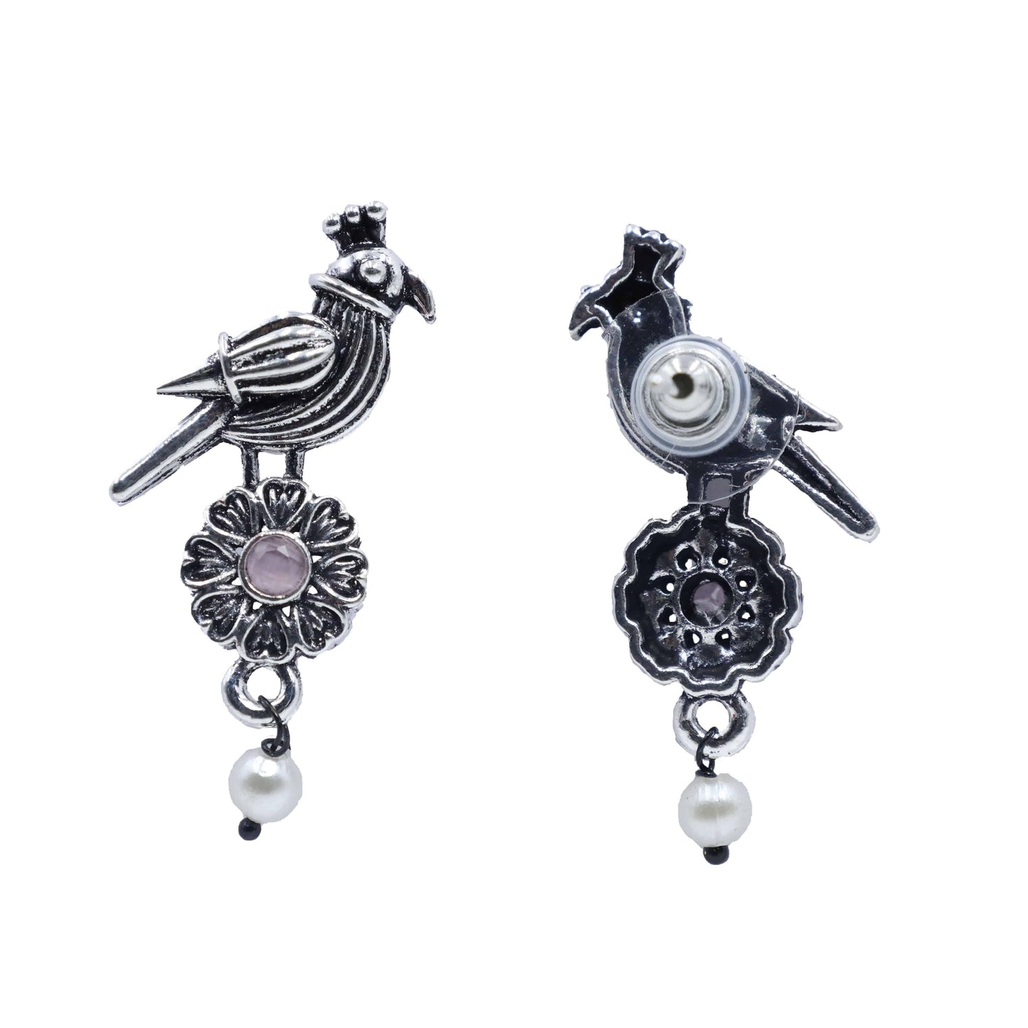 Antique Silver Oxidized Parrot-Design Pearl Drop Earrings - Mywishtree