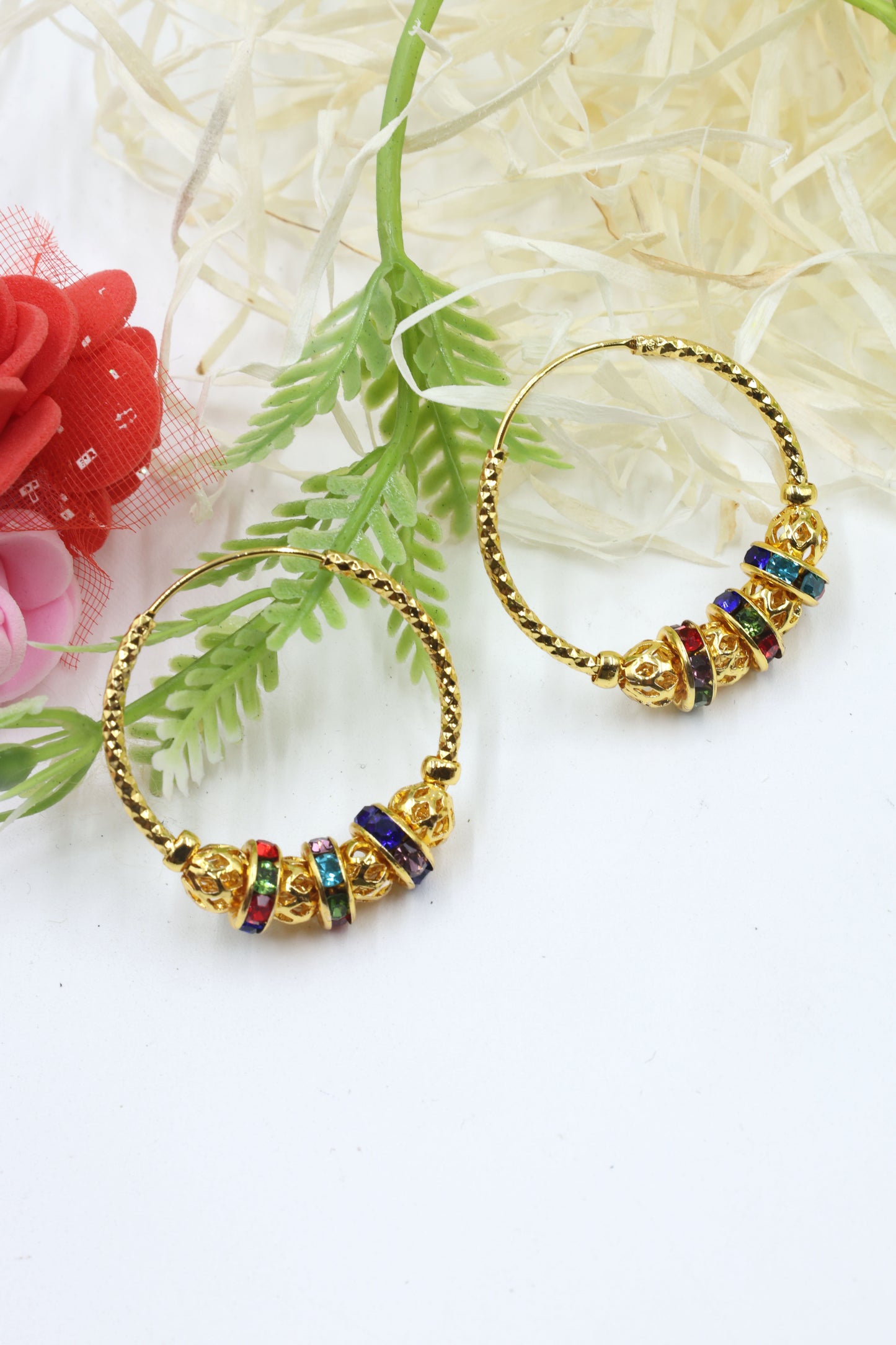 Gold-Plated Multicolor Beaded Hoop Earrings