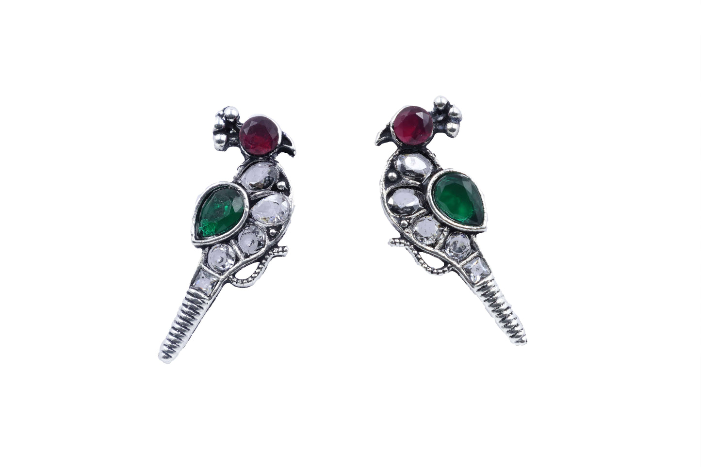 Oxidized Kundan Parrot Stud Earrings with Crystal Accents - Mywishtree