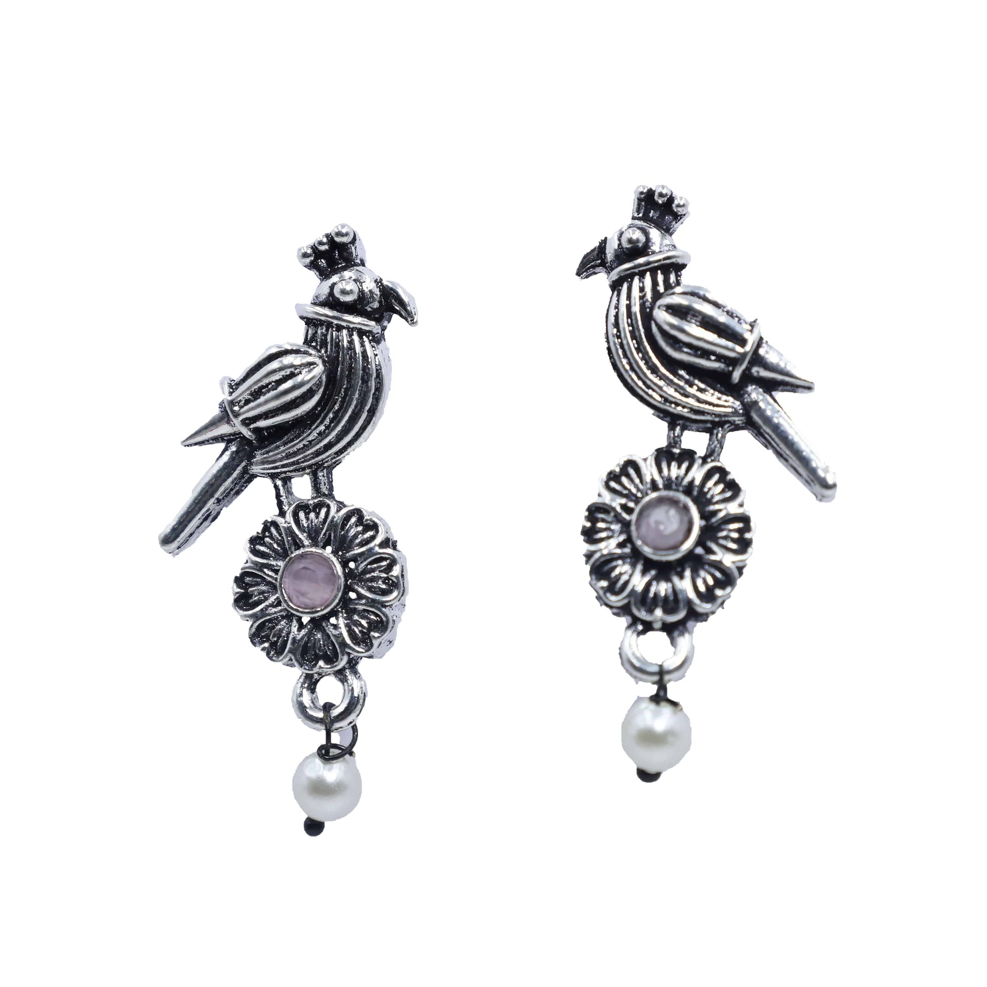 Antique Silver Oxidized Parrot-Design Pearl Drop Earrings - Mywishtree
