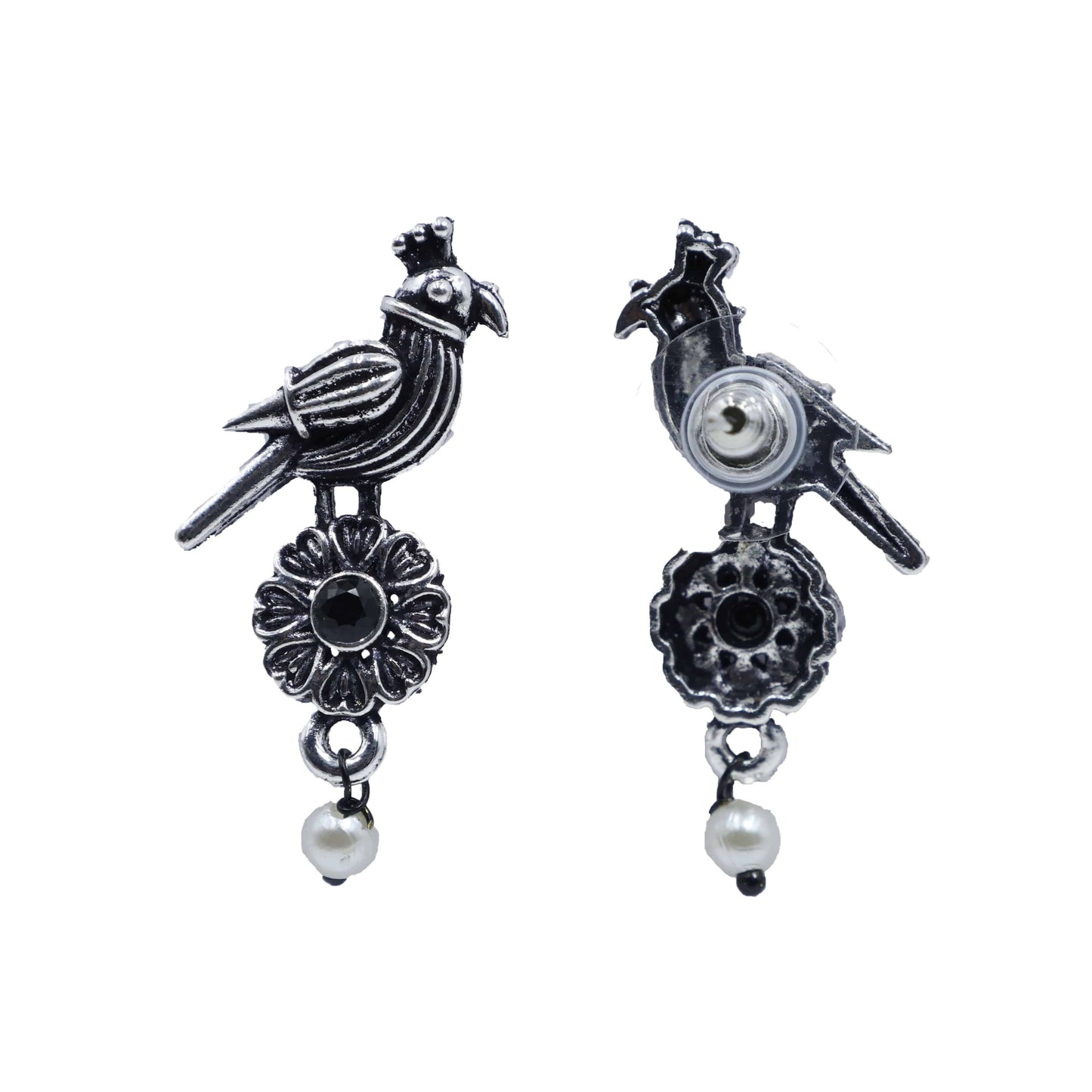 Antique Silver Oxidized Parrot-Design Pearl Drop Earrings - Mywishtree