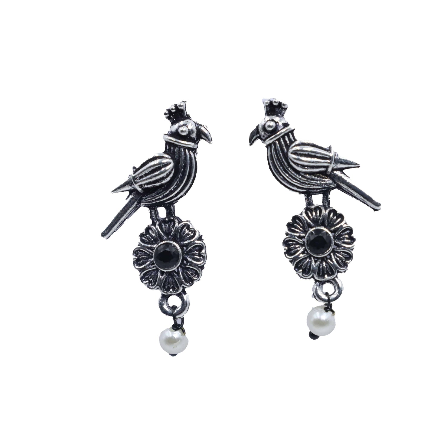 Antique Silver Oxidized Parrot-Design Pearl Drop Earrings - Mywishtree