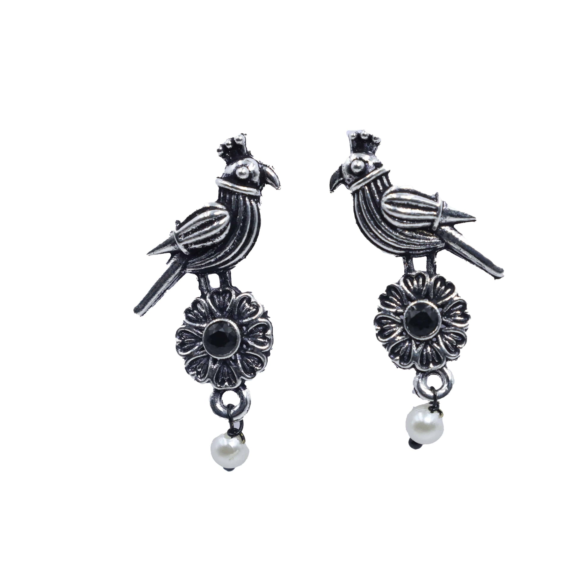 Antique Silver Oxidized Parrot-Design Pearl Drop Earrings - Mywishtree