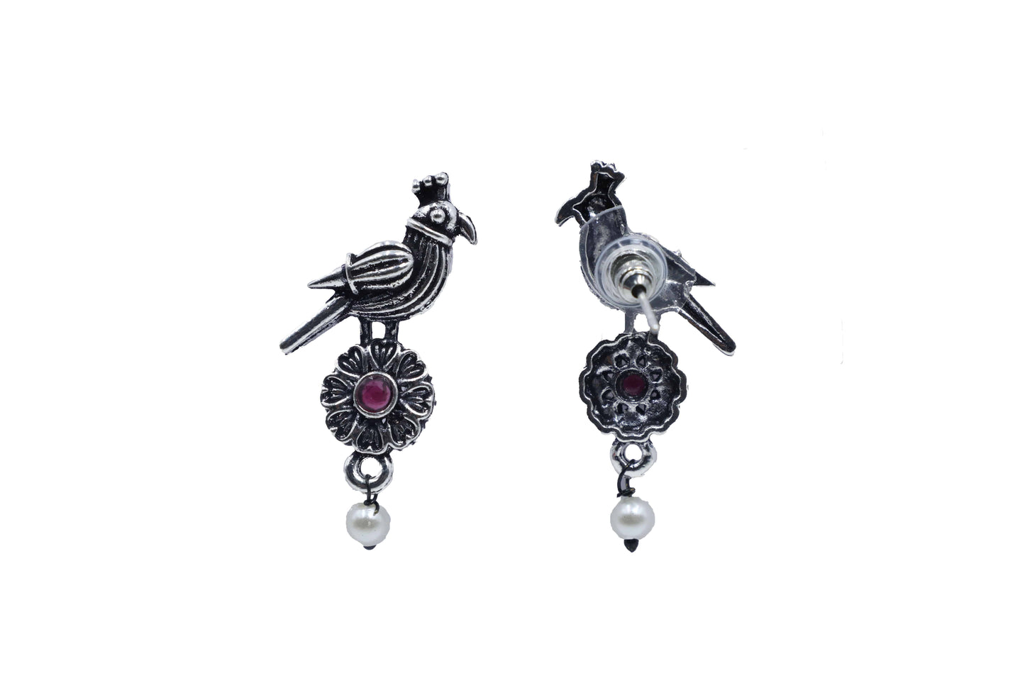 Antique Silver Oxidized Ruby Parrot-Design Pearl Drop Earrings - Mywishtree