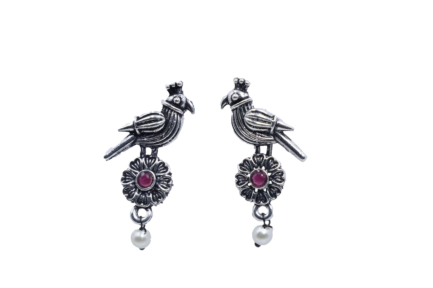 Antique Silver Oxidized Ruby Parrot-Design Pearl Drop Earrings - Mywishtree