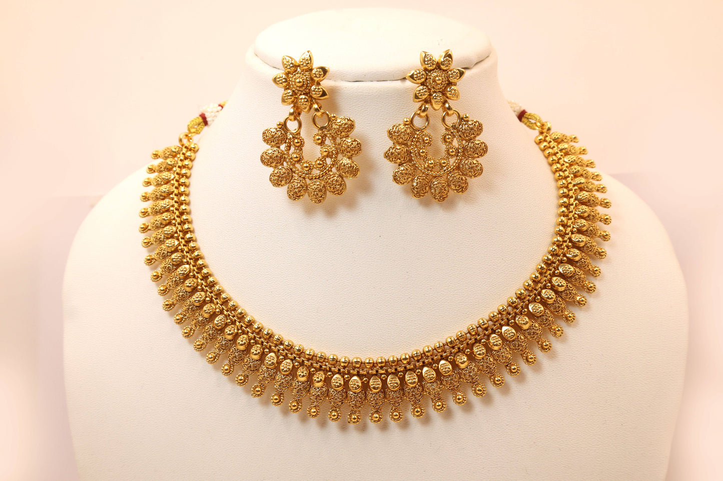MyWishTree Antique Gold Floral Necklace Set with Chandbali Earrings - Mywishtree