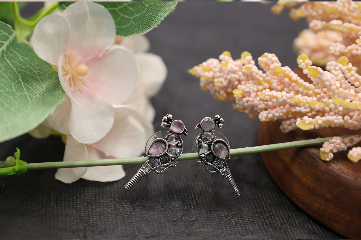 Oxidized Kundan Parrot Stud Earrings with Crystal Accents - Mywishtree
