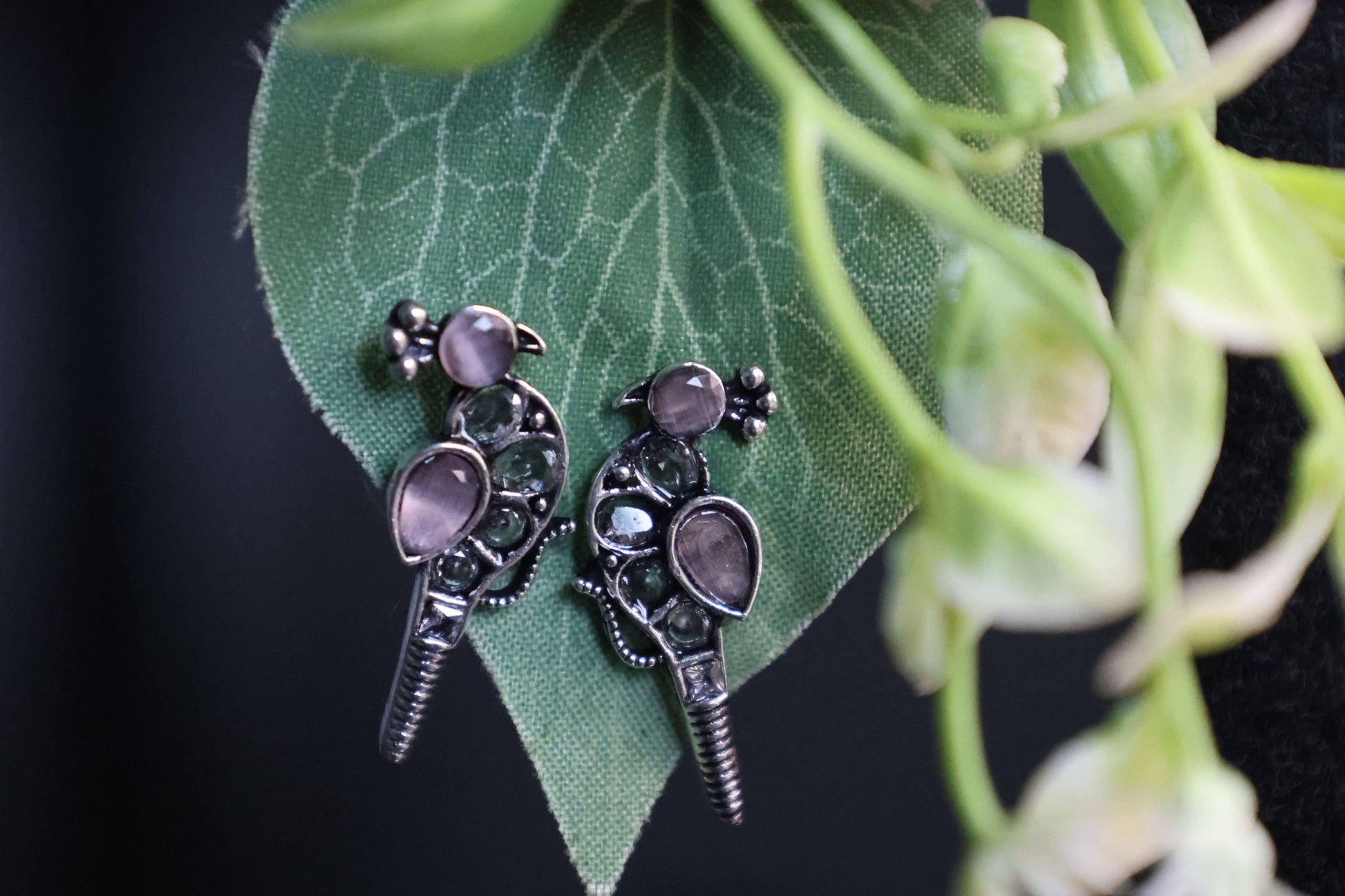 Oxidized Kundan Parrot Stud Earrings with Crystal Accents - Mywishtree