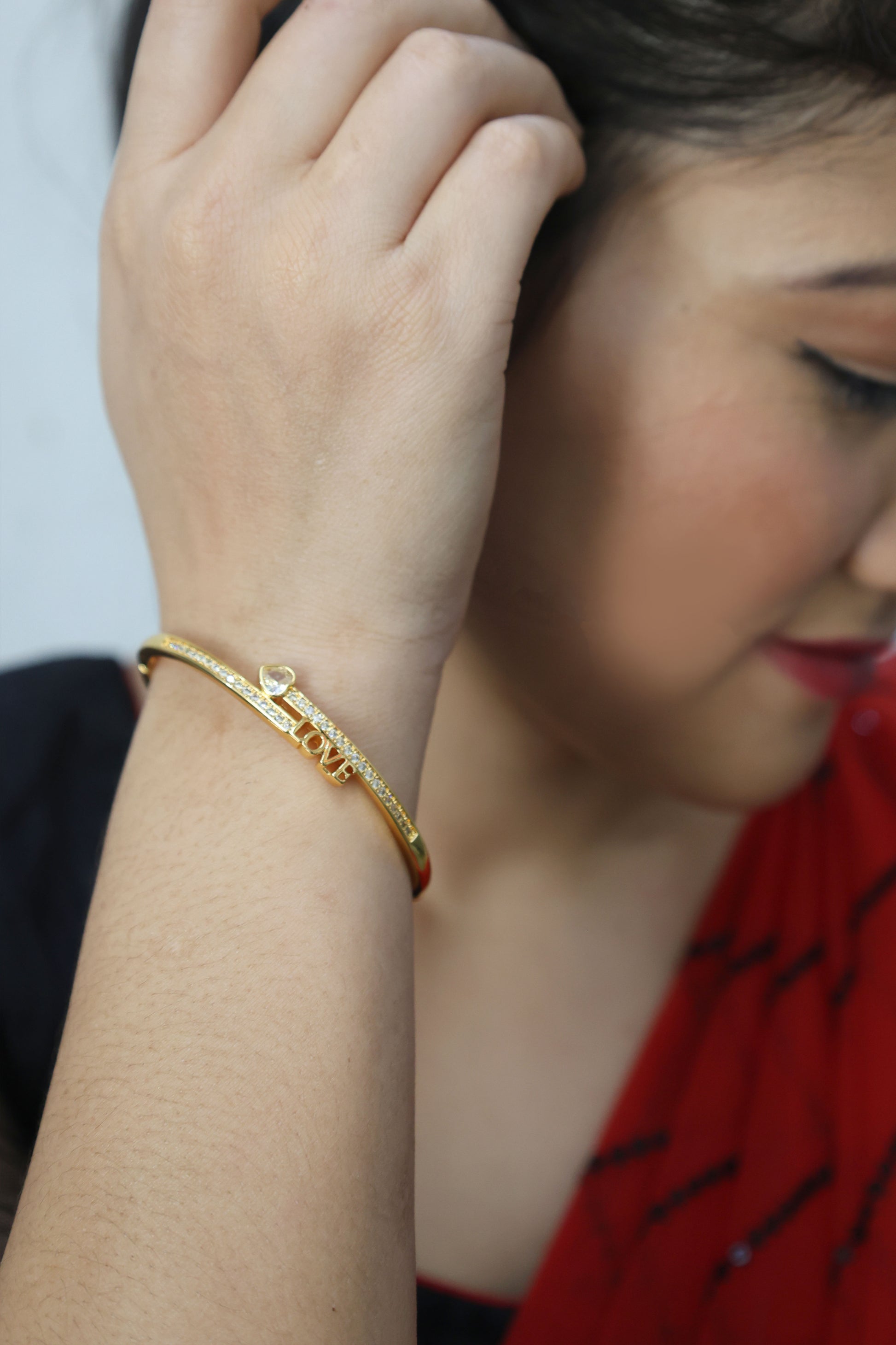 Eternal Love CZ-Studded Gold Bangle with Heart Charm