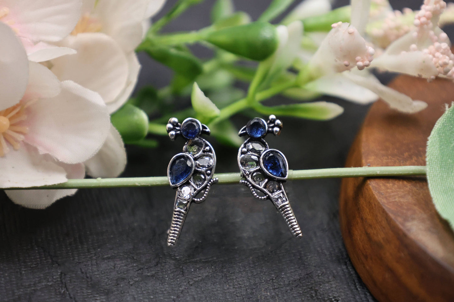 Oxidized Kundan Parrot Stud Earrings with Crystal Accents - Mywishtree