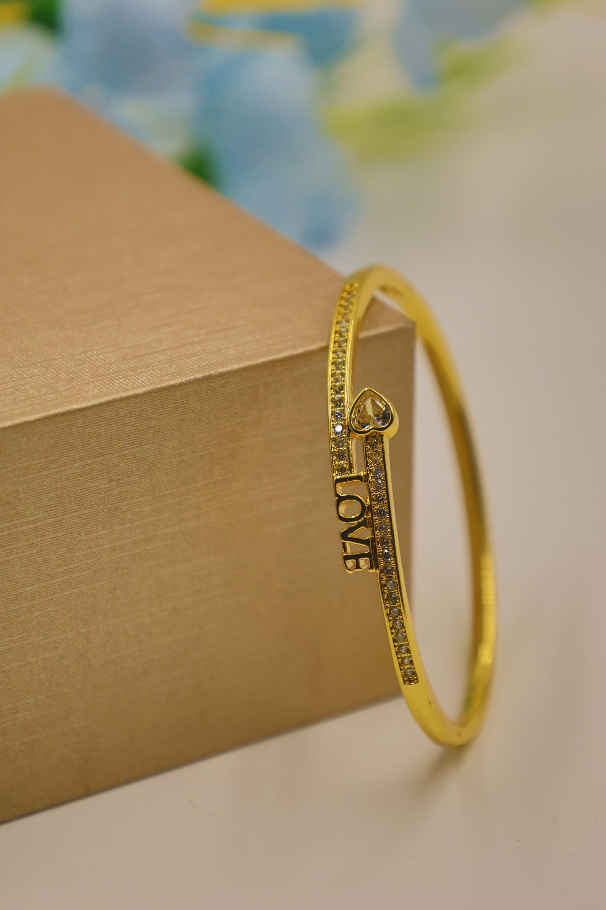 Eternal Love CZ-Studded Gold Bangle with Heart Charm