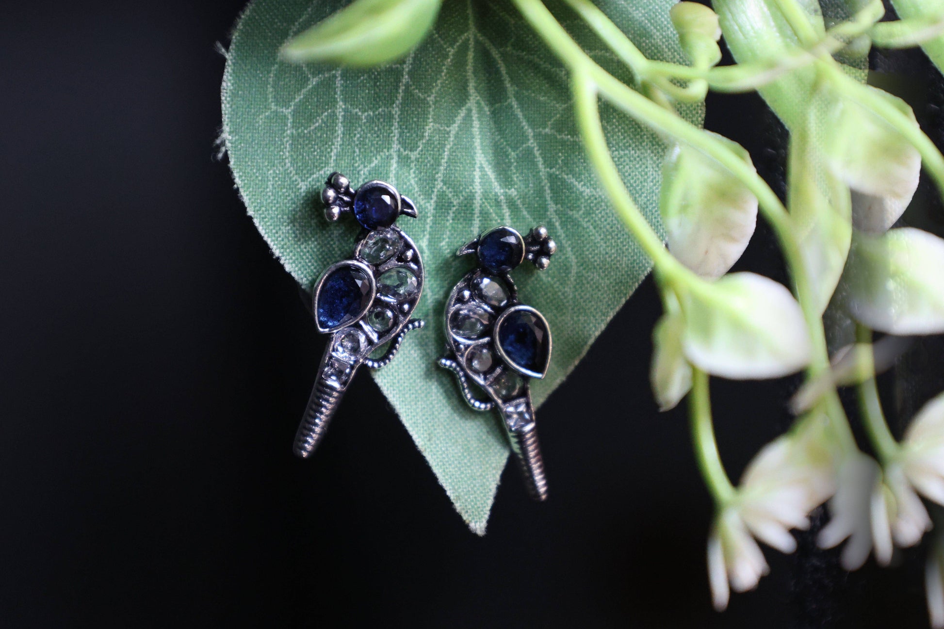 Oxidized Kundan Parrot Stud Earrings with Crystal Accents - Mywishtree