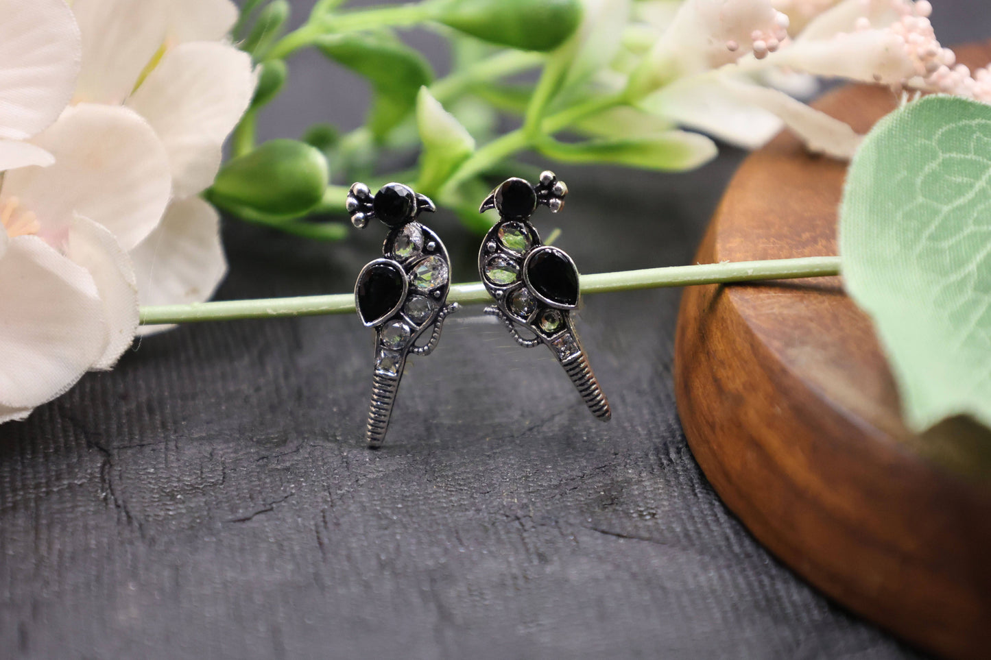Oxidized Black Kundan Parrot Stud Earrings with Crystal Accents - Mywishtree