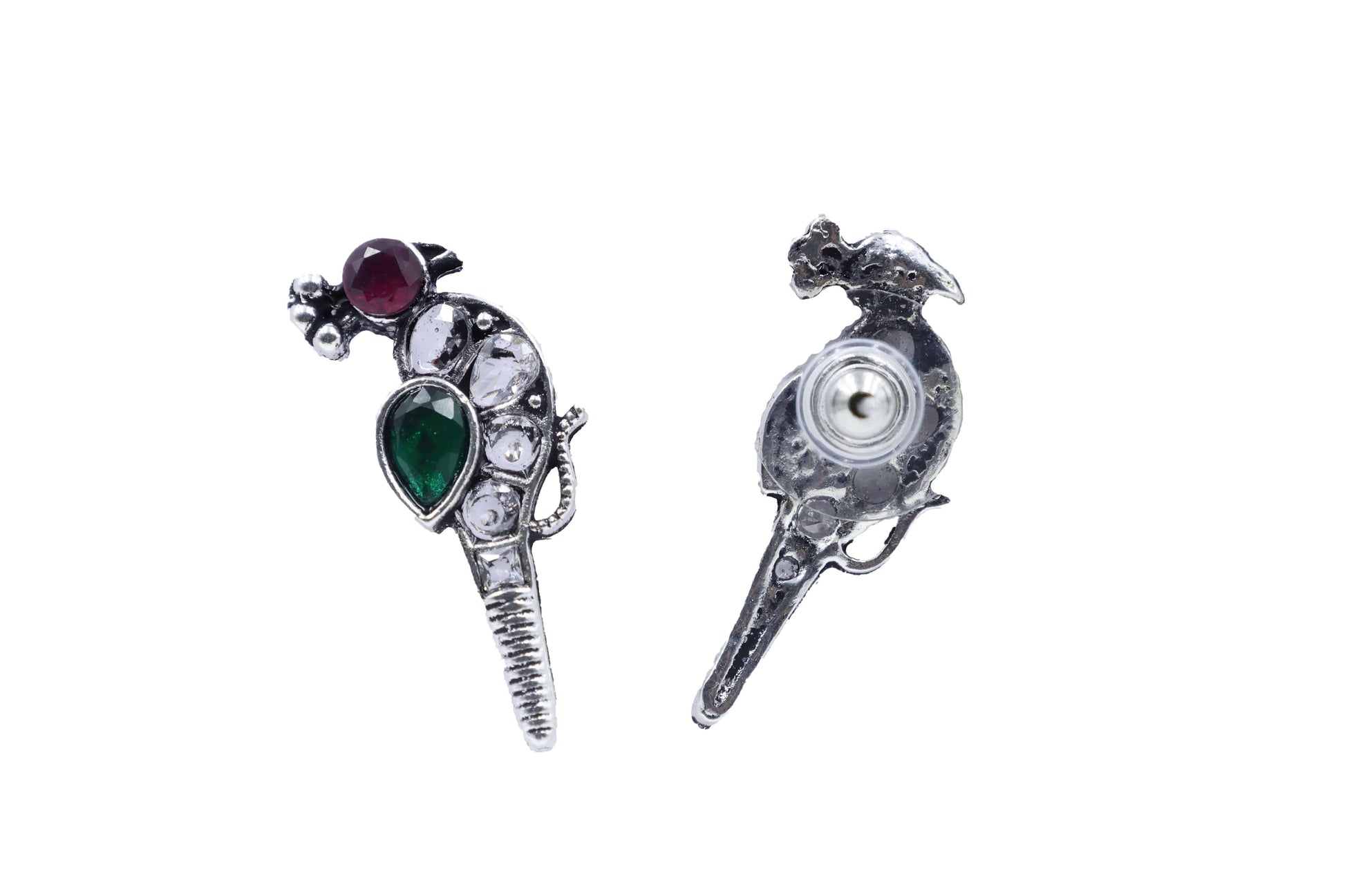 Oxidized Kundan Parrot Stud Earrings with Crystal Accents - Mywishtree