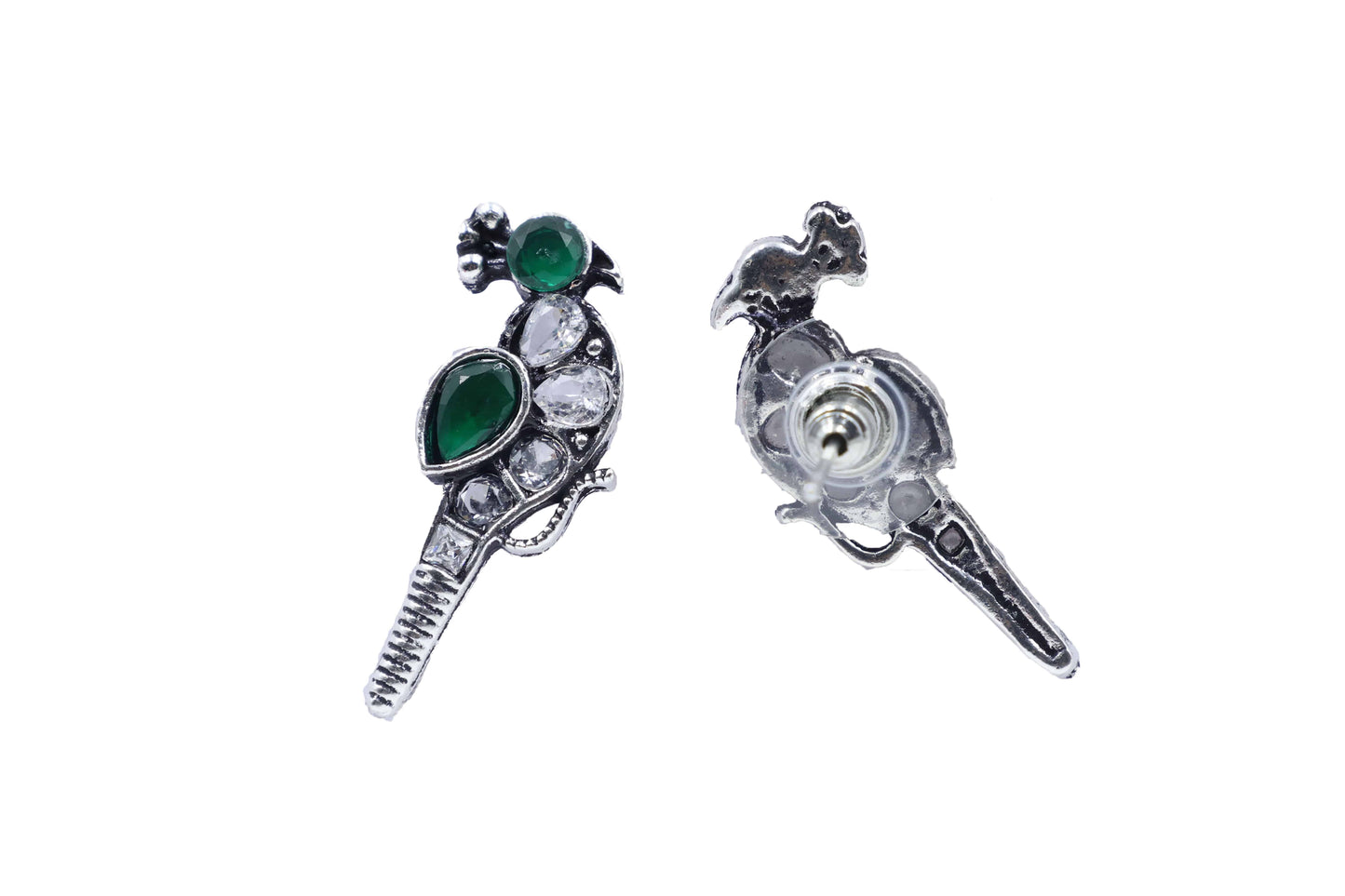 Oxidized Kundan Parrot Stud Earrings with Crystal Accents - Mywishtree