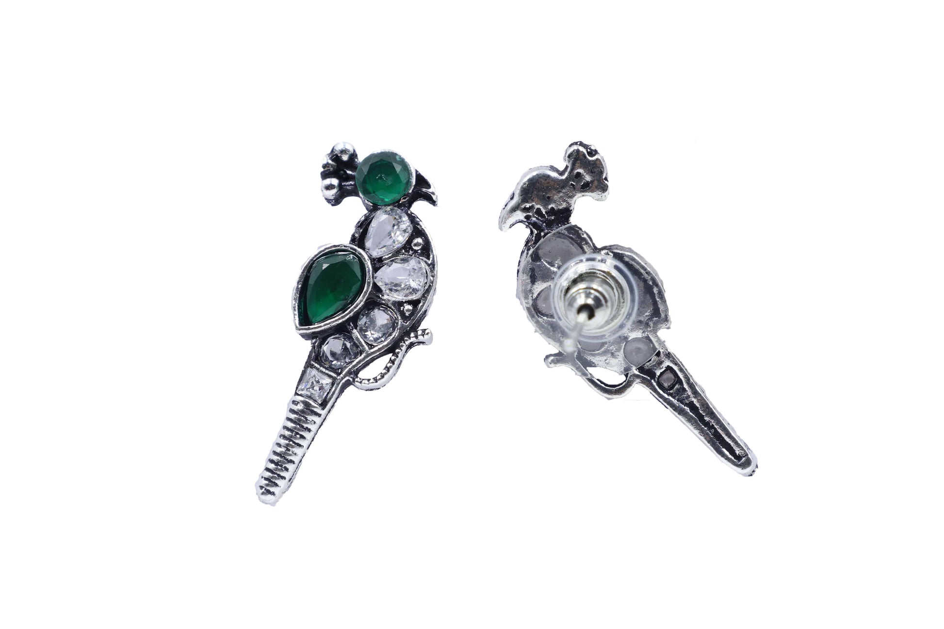 Oxidized Kundan Parrot Stud Earrings with Crystal Accents - Mywishtree