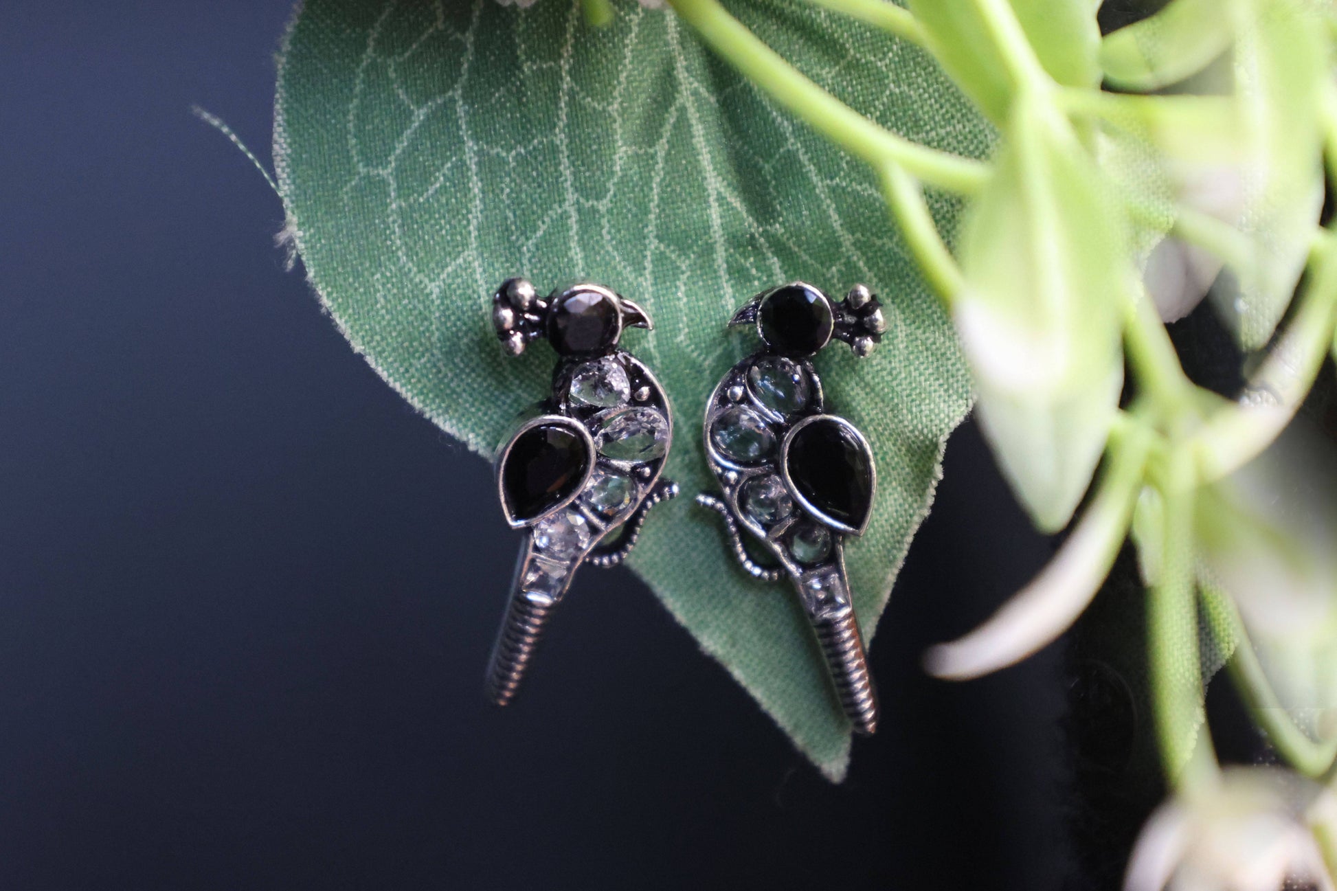 Oxidized Black Kundan Parrot Stud Earrings with Crystal Accents - Mywishtree