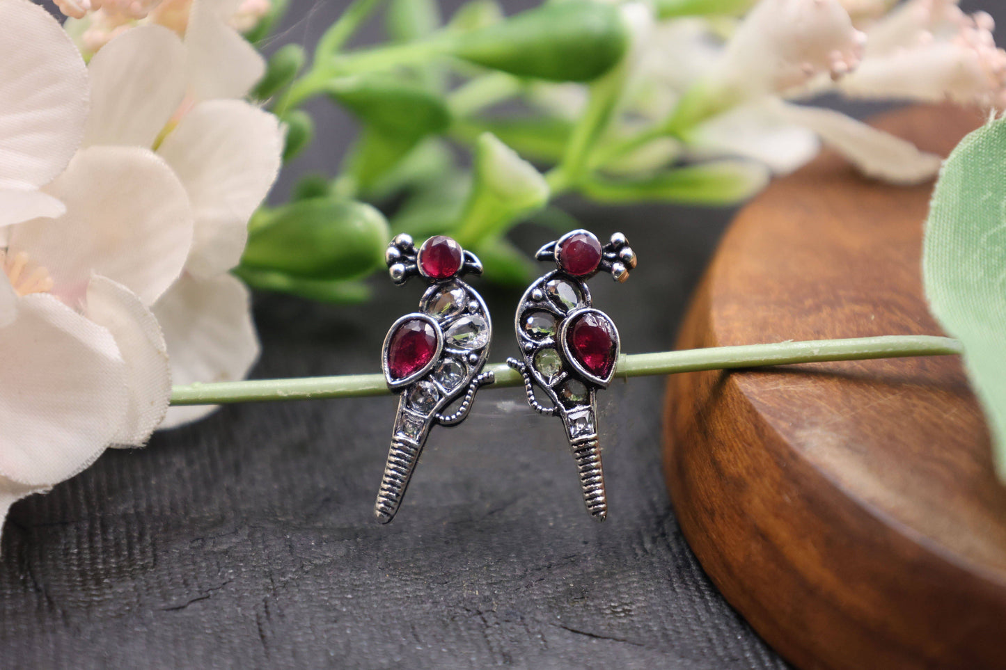 Oxidized Kundan Parrot Stud Earrings with Crystal Accents - Mywishtree
