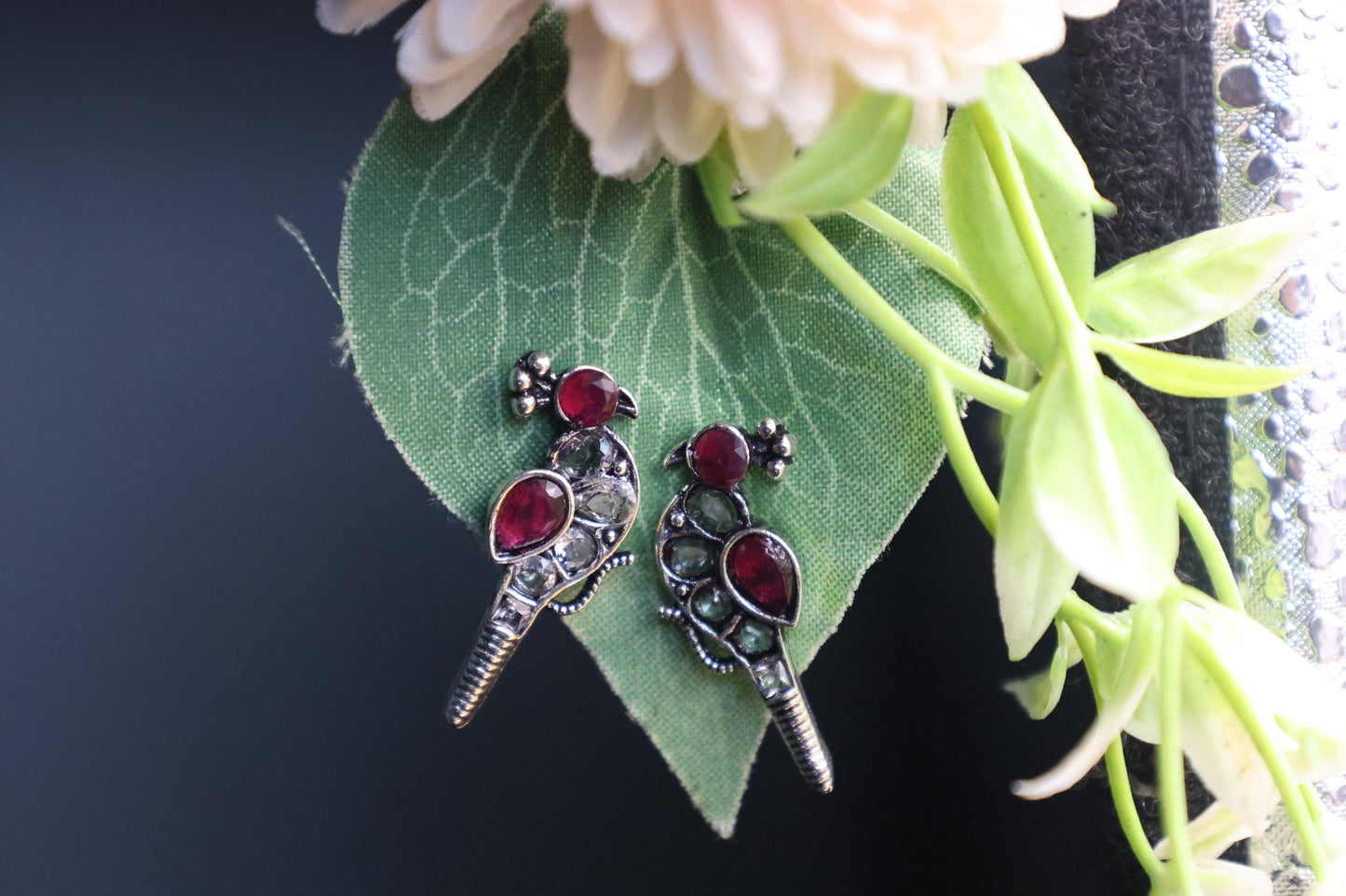 Oxidized Kundan Parrot Stud Earrings with Crystal Accents - Mywishtree