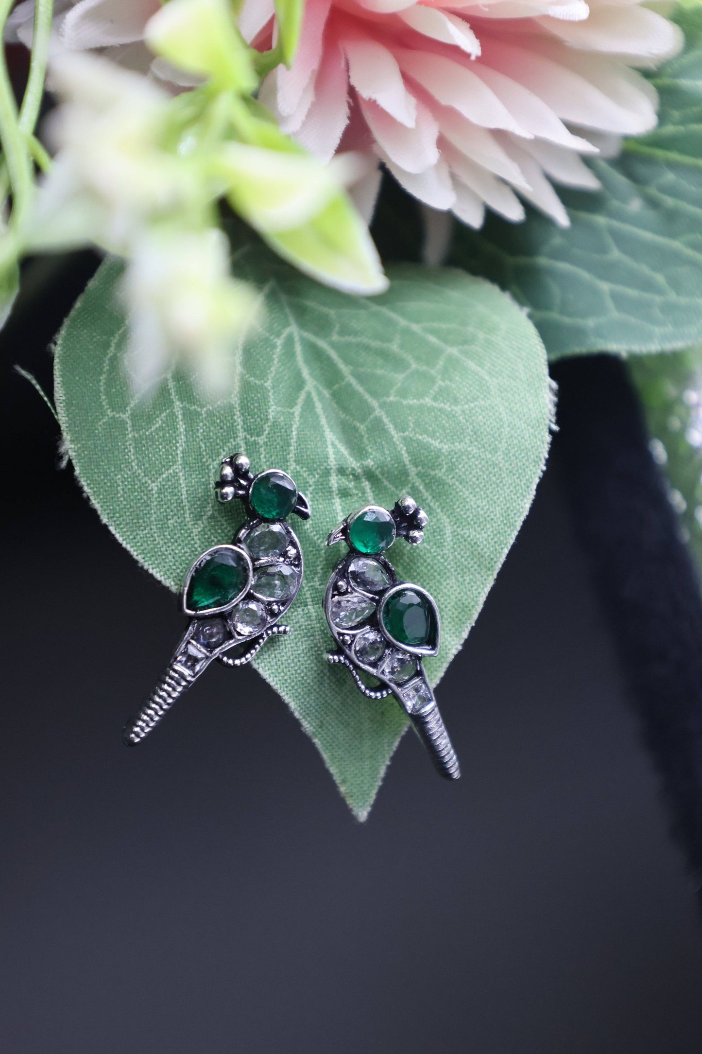 Oxidized Kundan Parrot Stud Earrings with Crystal Accents - Mywishtree