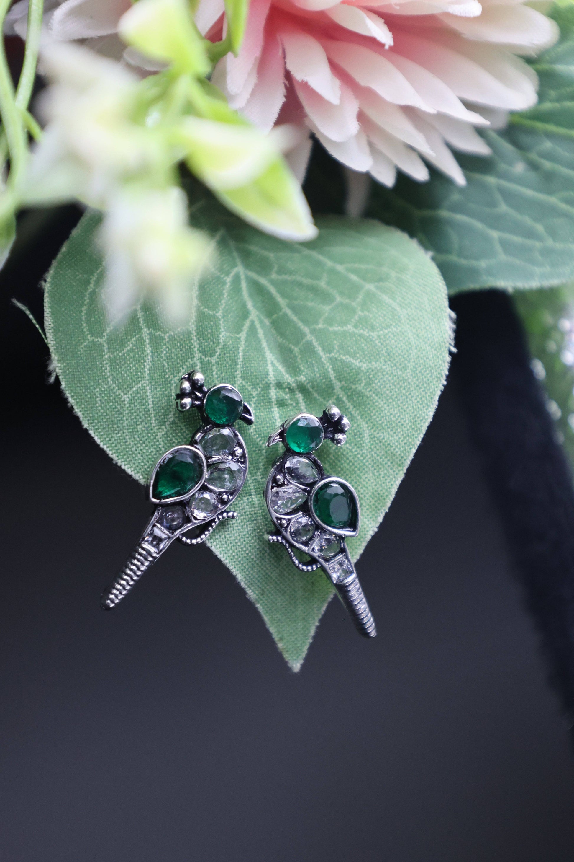 Oxidized Kundan Parrot Stud Earrings with Crystal Accents - Mywishtree