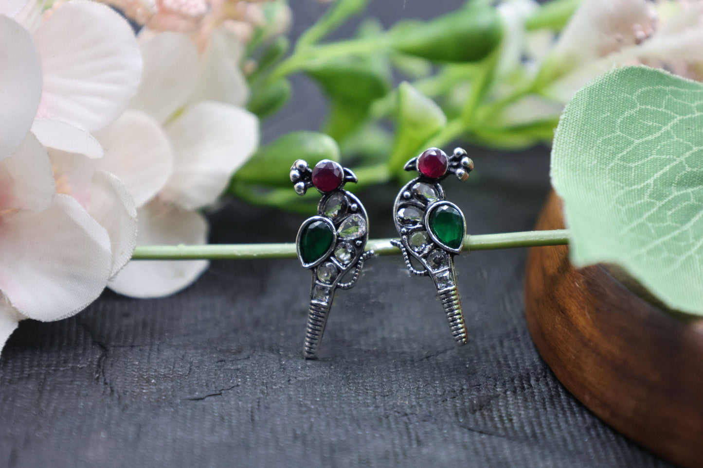 Oxidized Kundan Parrot Stud Earrings with Crystal Accents - Mywishtree