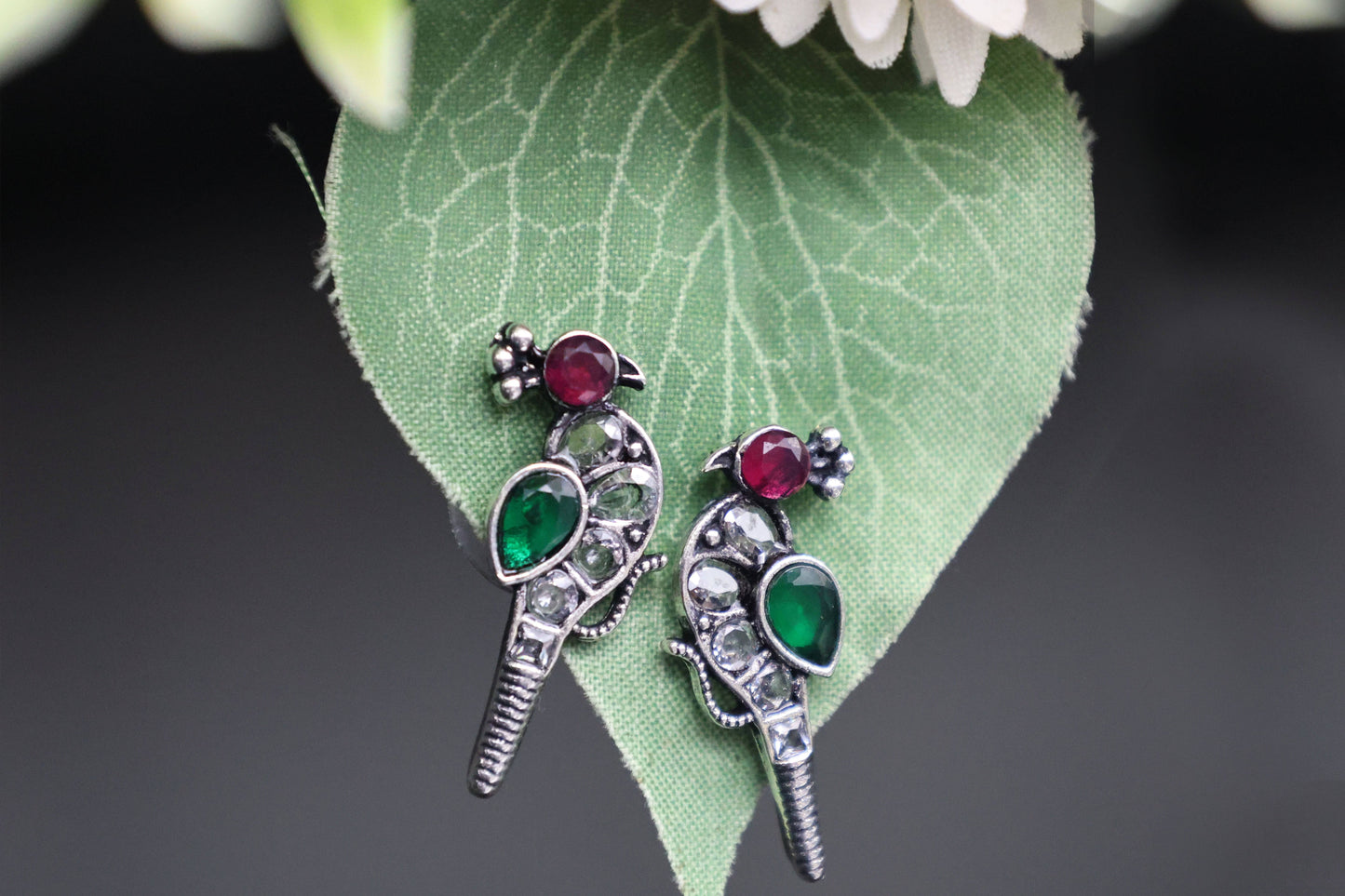 Oxidized Kundan Parrot Stud Earrings with Crystal Accents - Mywishtree