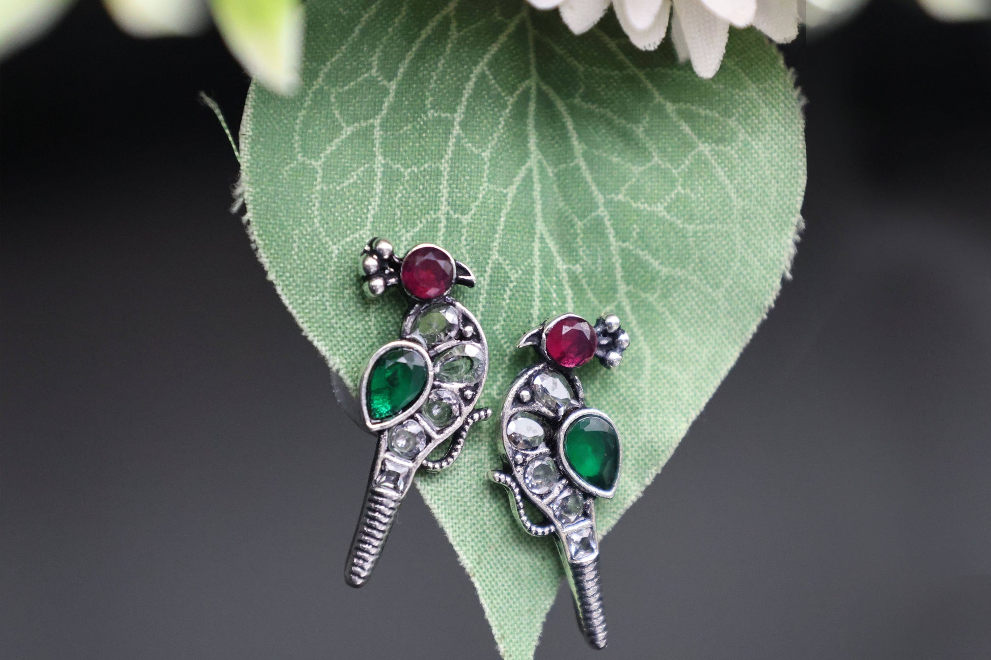 Oxidized Kundan Parrot Stud Earrings with Crystal Accents - Mywishtree