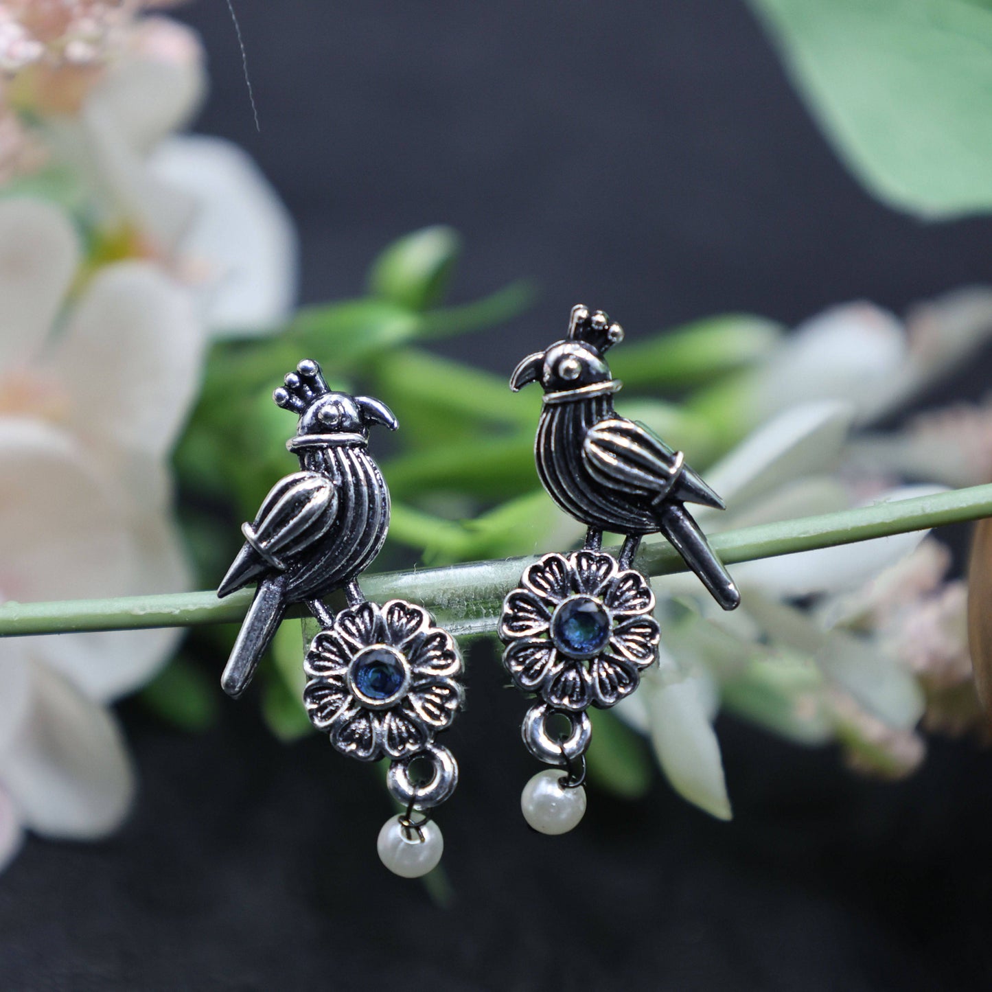 Antique Silver Oxidized Parrot-Design Pearl Drop Earrings - Mywishtree
