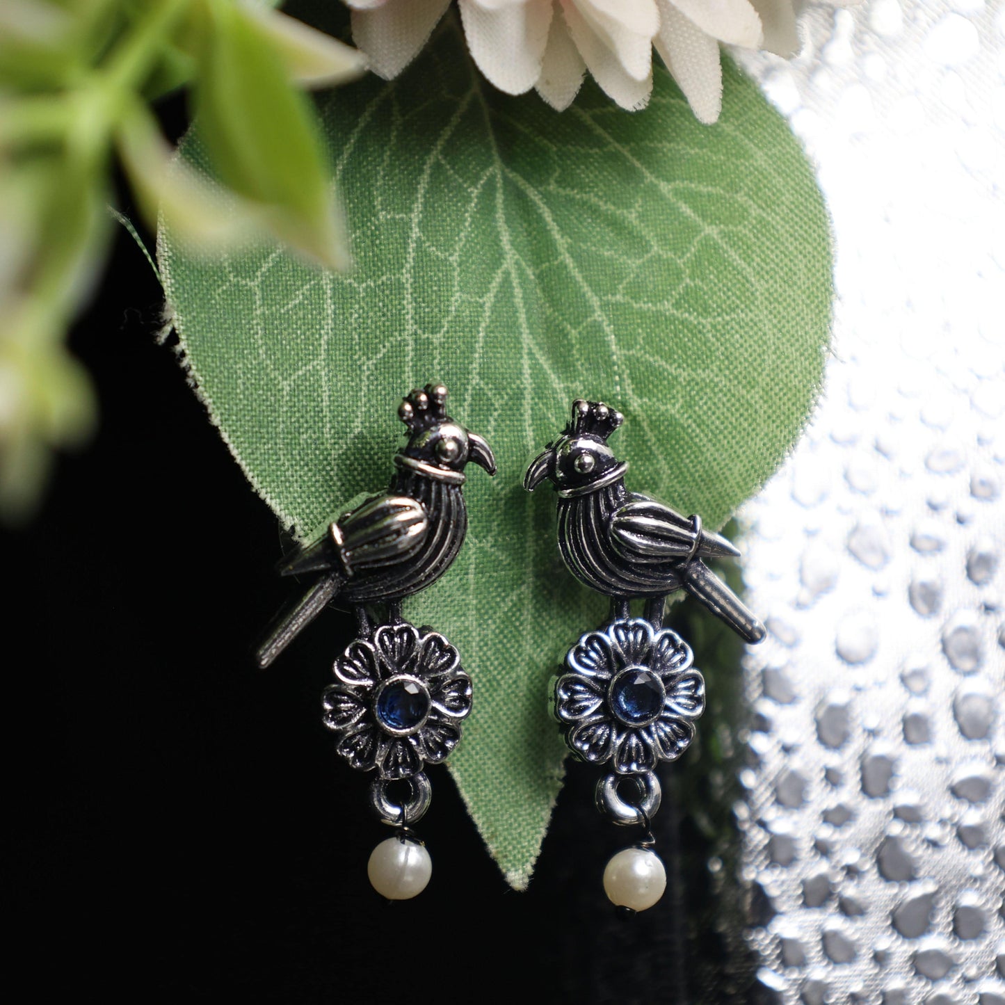 Antique Silver Oxidized Parrot-Design Pearl Drop Earrings - Mywishtree