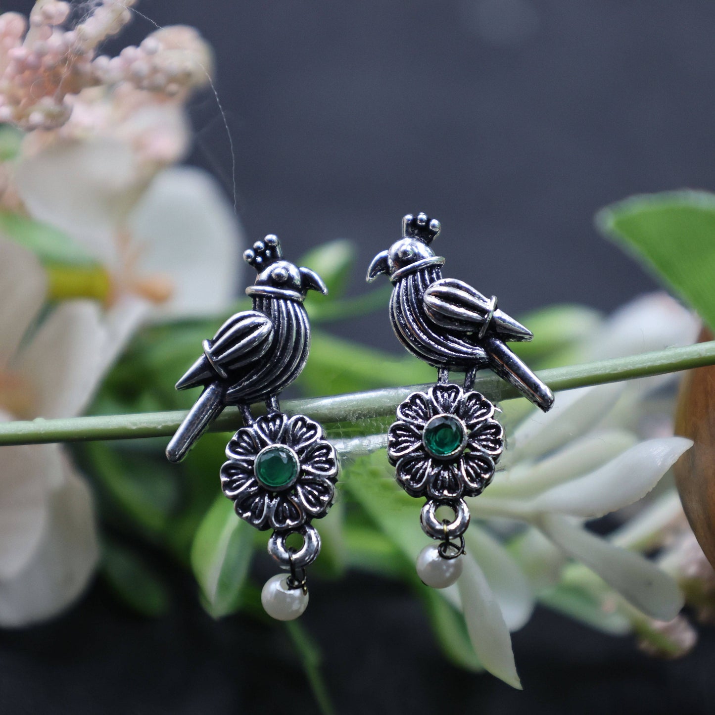 Antique Silver Oxidized Parrot-Design Pearl Drop Earrings - Mywishtree