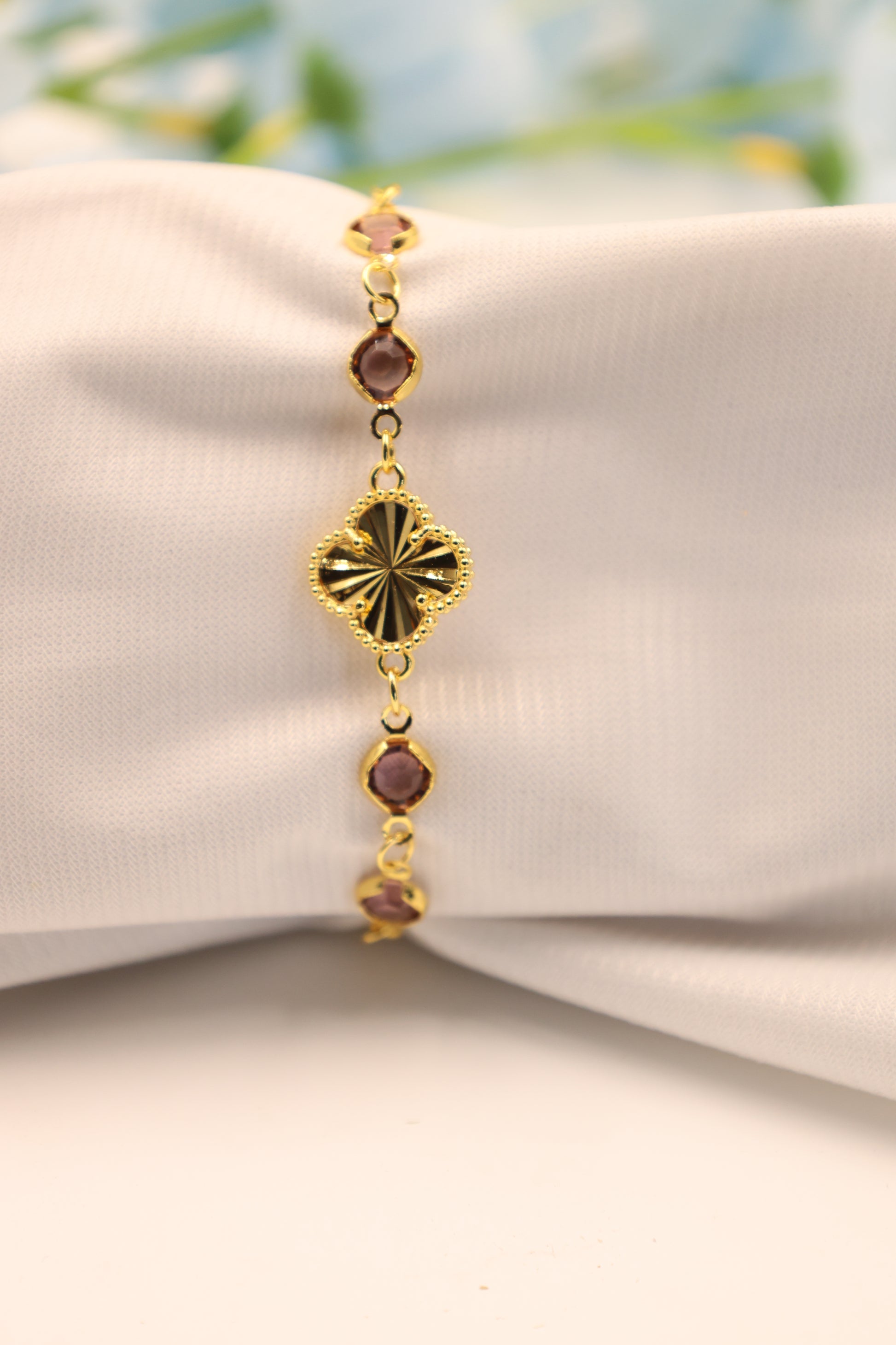 Royal Clover Charm Bracelet with Purple Stone Accents – Luxe Minimal Edition