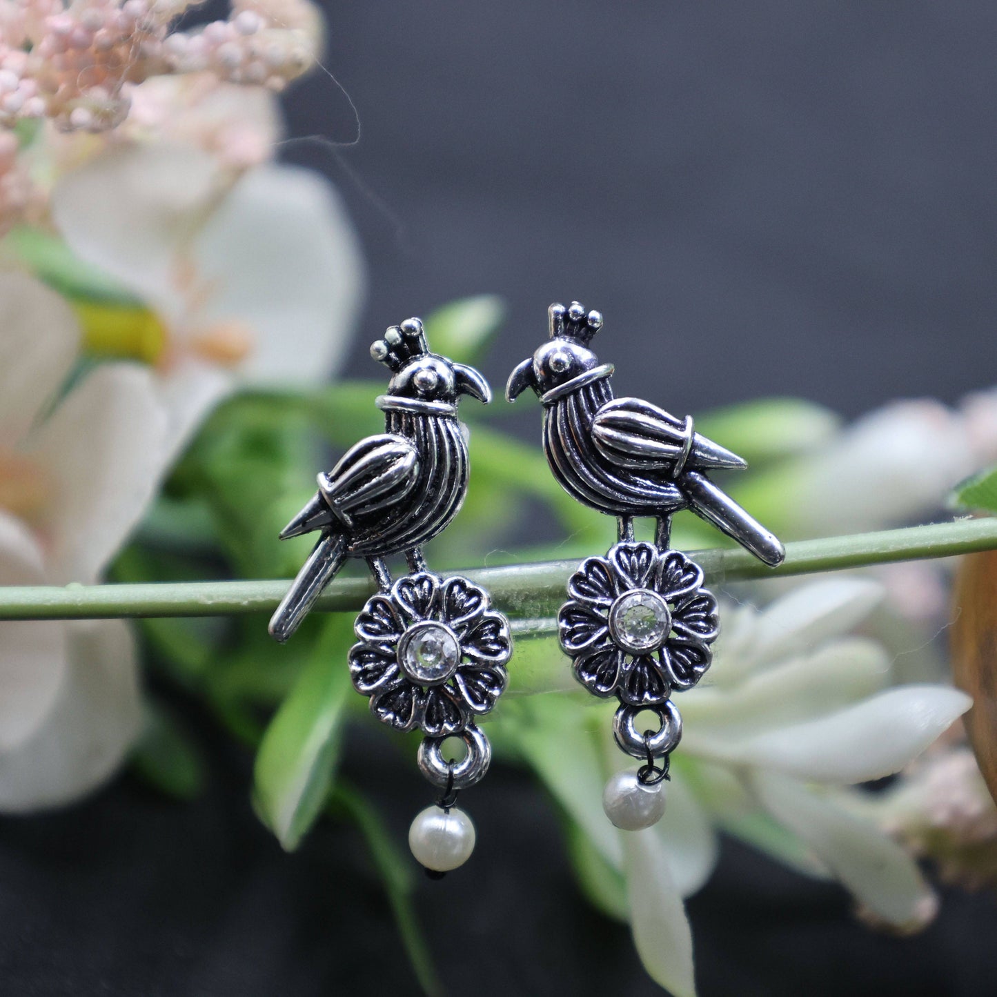 Antique Silver Oxidized Parrot-Design Pearl Drop Earrings - Mywishtree