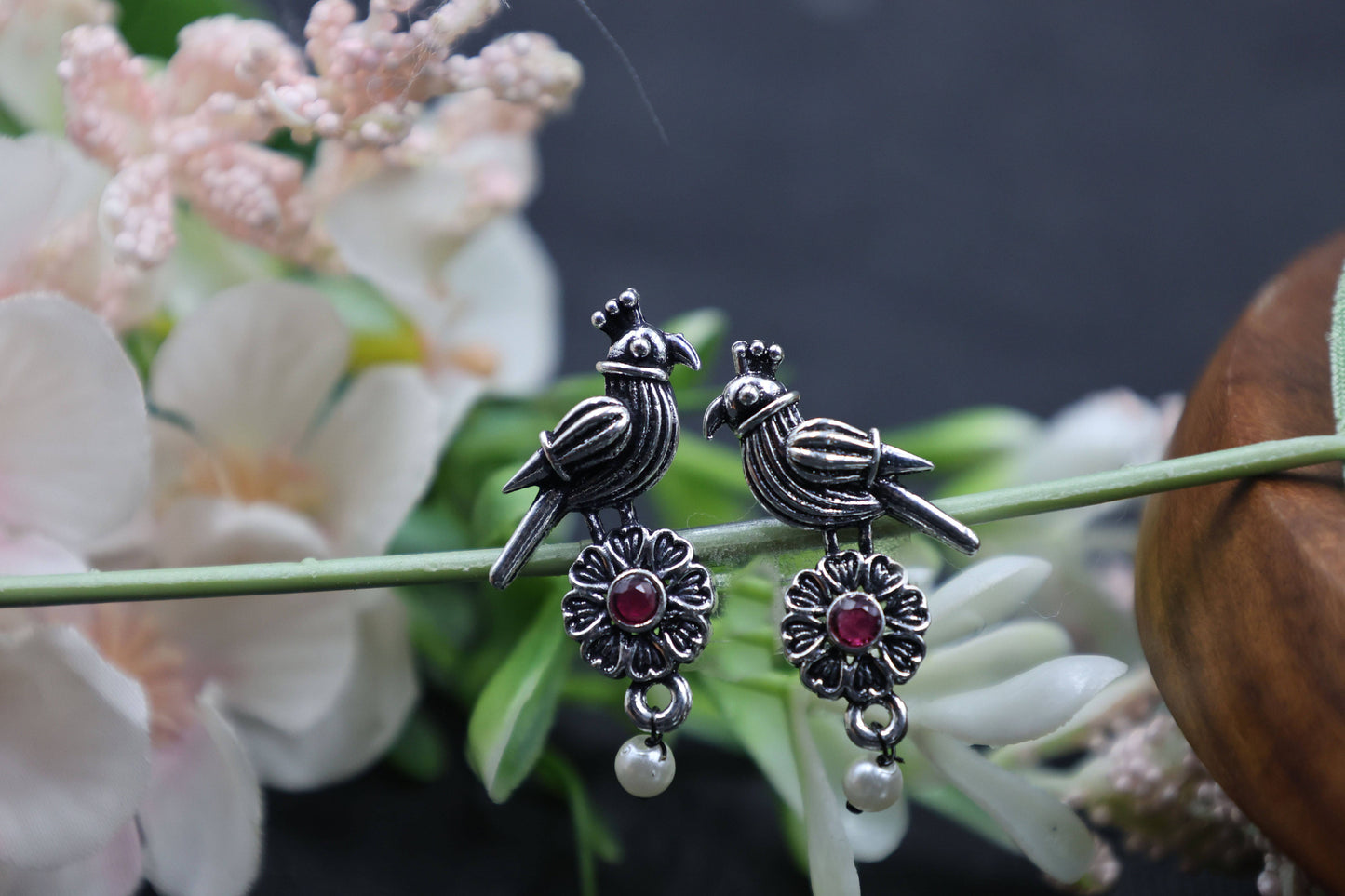 Antique Silver Oxidized Ruby Parrot-Design Pearl Drop Earrings - Mywishtree