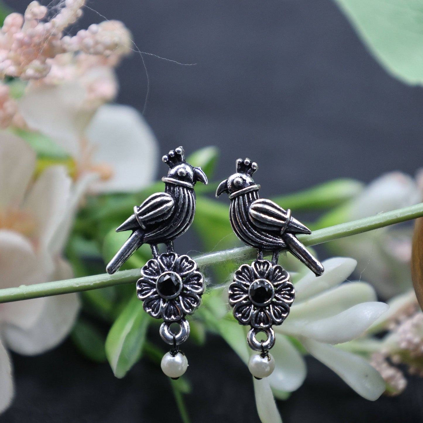 Antique Silver Oxidized Parrot-Design Pearl Drop Earrings - Mywishtree