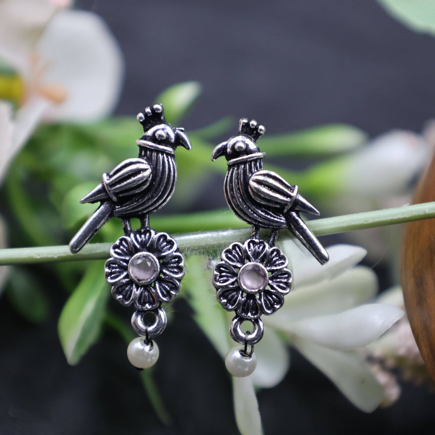 Antique Silver Oxidized Parrot-Design Pearl Drop Earrings - Mywishtree