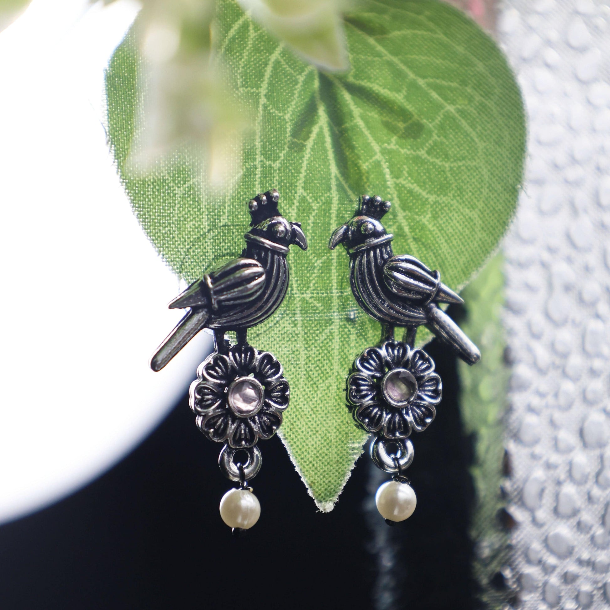 Antique Silver Oxidized Parrot-Design Pearl Drop Earrings - Mywishtree