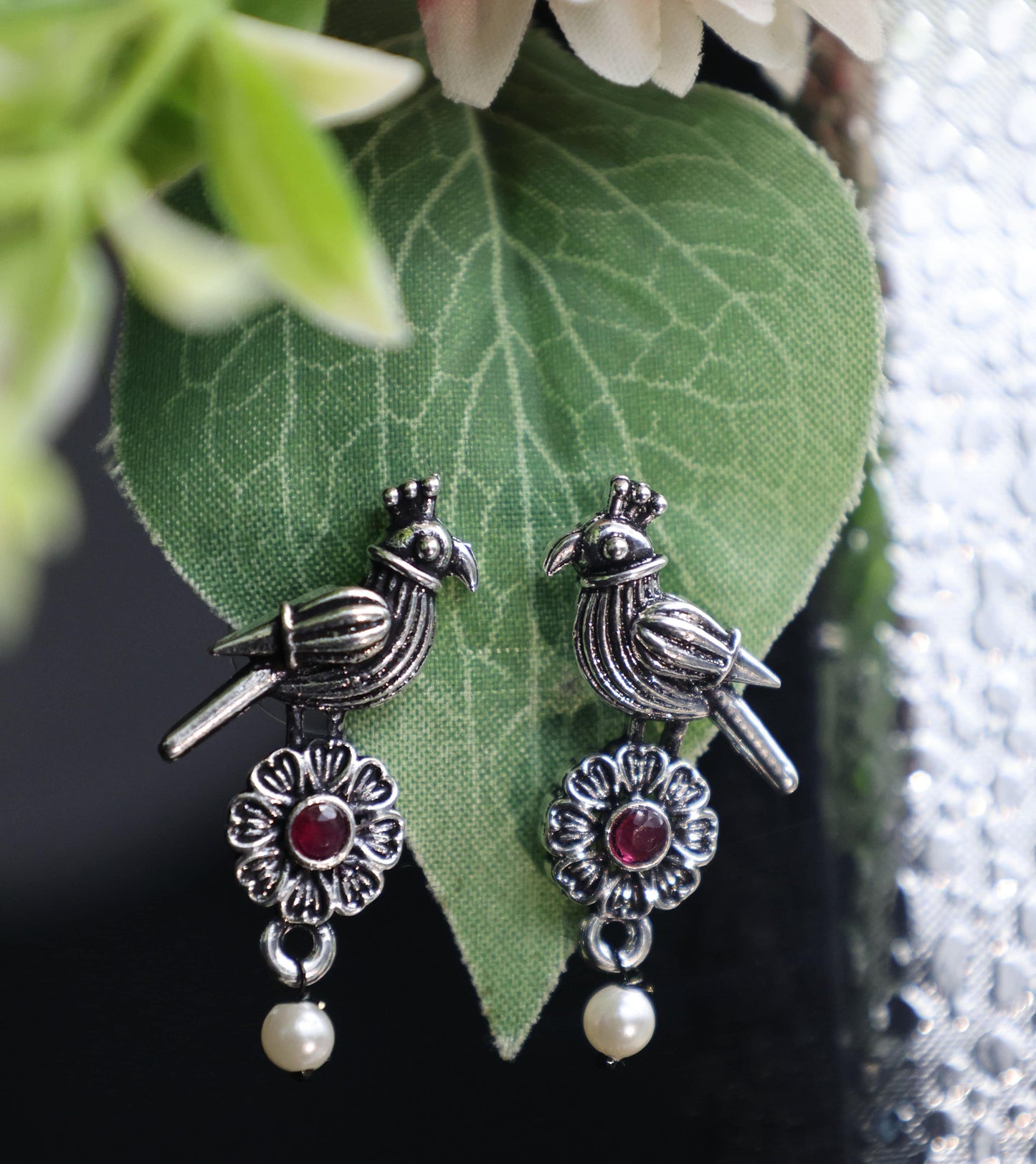 Antique Silver Oxidized Ruby Parrot-Design Pearl Drop Earrings - Mywishtree