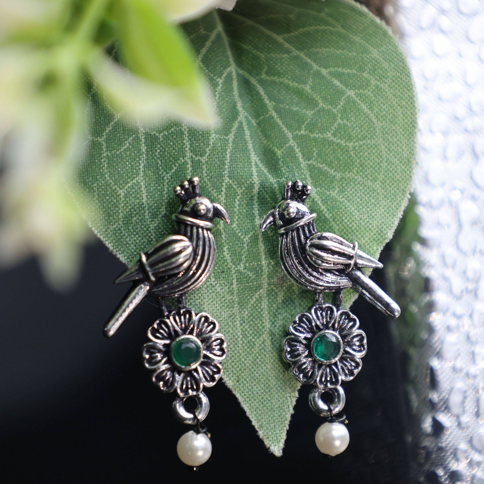 Antique Silver Oxidized Parrot-Design Pearl Drop Earrings - Mywishtree