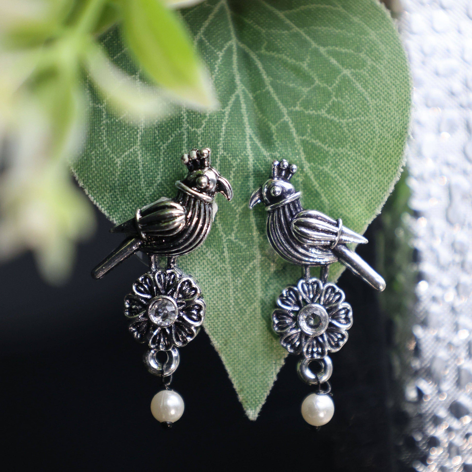 Antique Silver Oxidized Parrot-Design Pearl Drop Earrings - Mywishtree