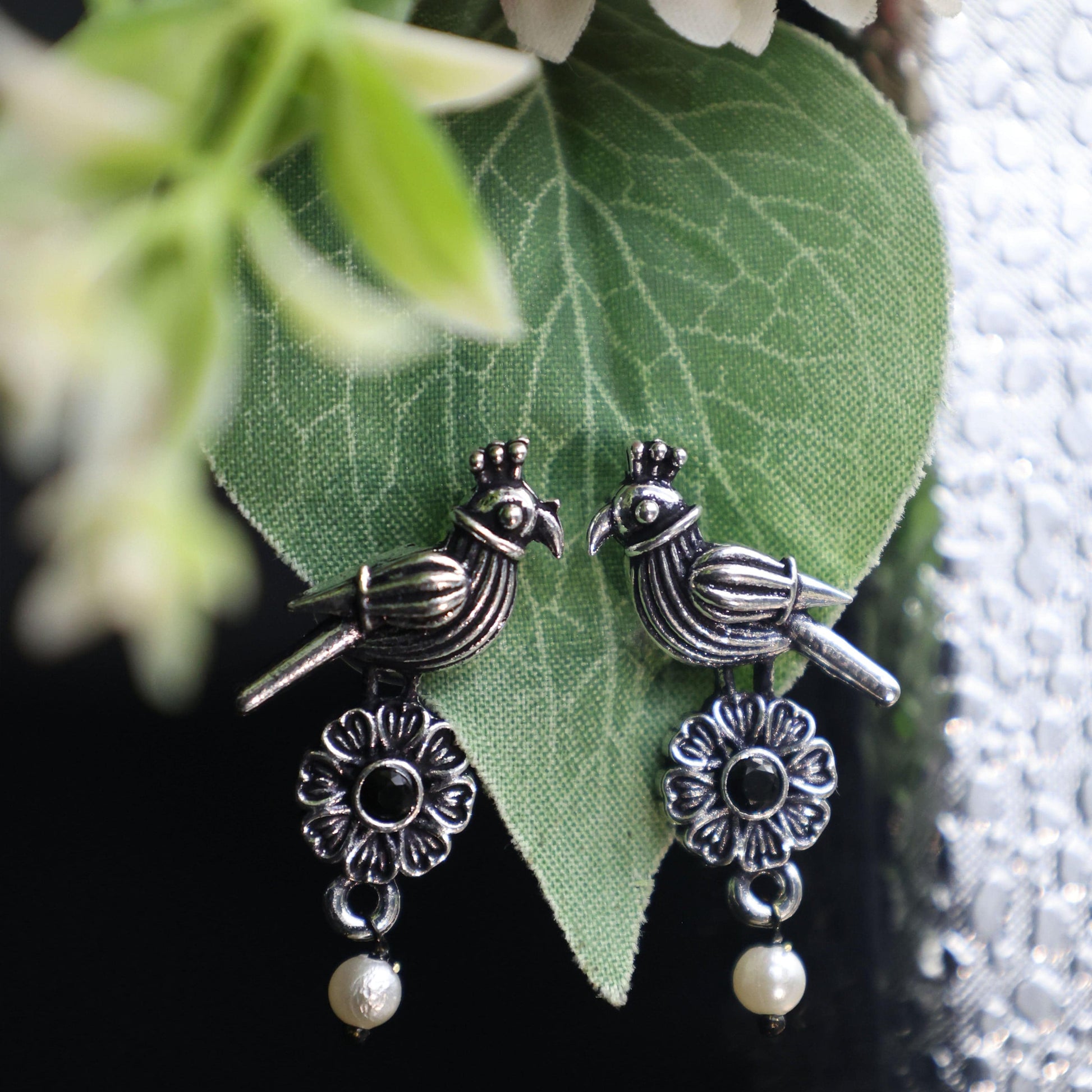 Antique Silver Oxidized Parrot-Design Pearl Drop Earrings - Mywishtree