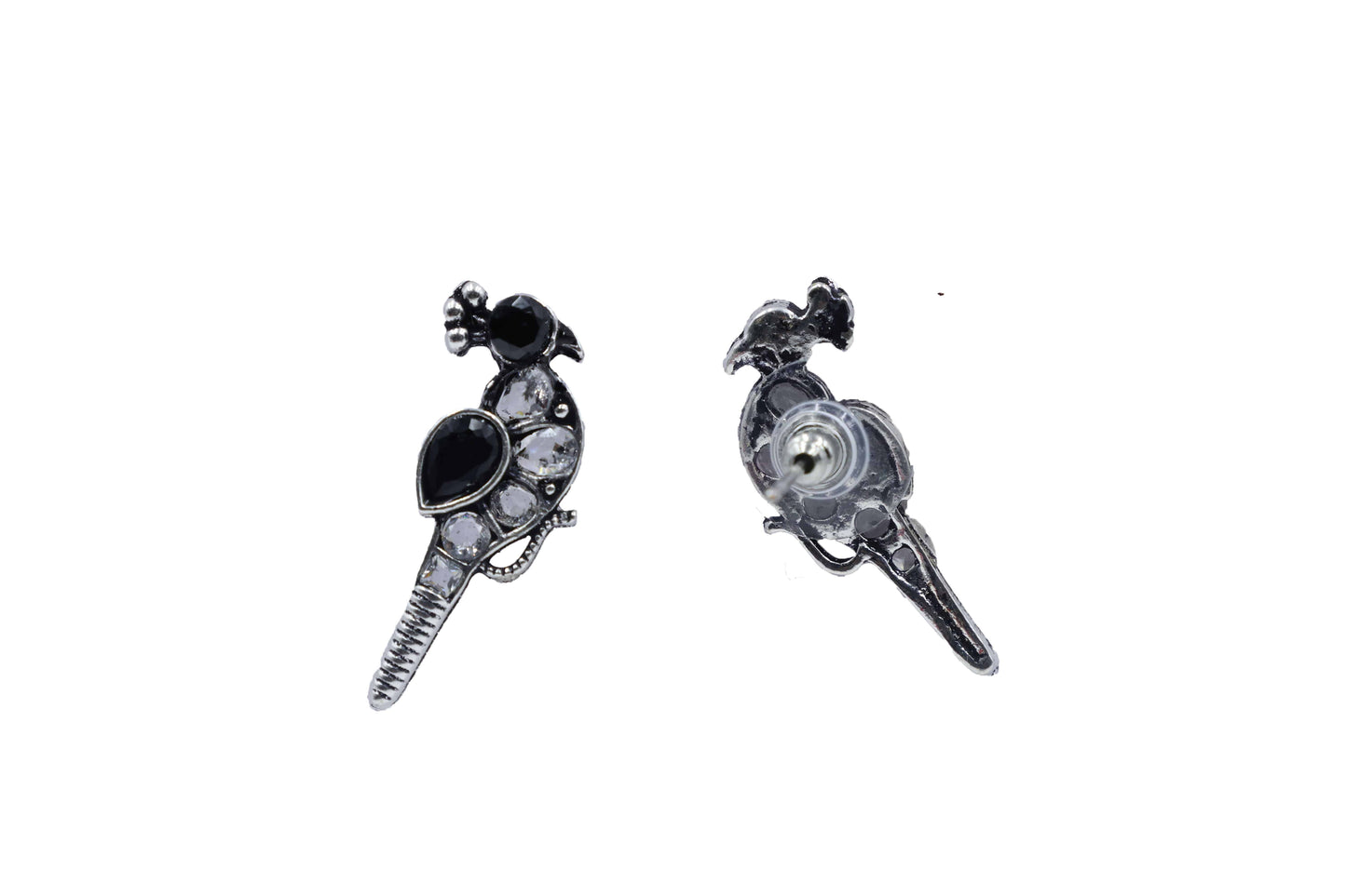 Oxidized Black Kundan Parrot Stud Earrings with Crystal Accents - Mywishtree